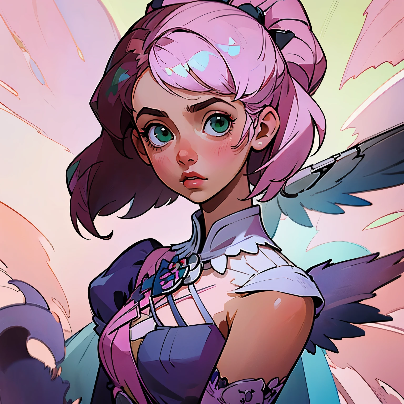 Alisa bosconovitch, melhor qualidade, contemporary, estilo plano, minimalismo, Green Eyes Flat Illustration, cabelo rosa, cabelo curto, cabelos multicoloridos, Camisa Preta, mechanical wings, Head Portrait Close-U, peito pontudo, decote, super decote, middlebreasts, Tekken，cabelo rosa pastel, 1girl, em quimono, hand-painted，Desenho de linha sem cor, colorida do yandere pastel, Tekken, [Detailed illustrations, Arte baseada em anatomia extremamente ideal, desenhos muito detalhados e detalhados, delicate lines with slowness and urgency, Realistic texture expression],(((Linhas principais coloridas)),(Obras de arte com excelente artesanato),(fundo do parque),[ anime  japonesa bonita 14 anoade Skinny] cabelo rosa claro, com roupa de empregada，figura esbelta，robusto，He sat on the floor，Vestido com roupas de empregada rosa e branco，cabelos muito curtos，com orelhas de gato，quadratic element，, kawaii cor-de-rosa na roupa da era de 1910, Alisa Bosconovich pink lips, no estilo da paleta de cores suave aurorapunk, an anime illustration of his face, gifs animados, hand drawn animation, charming sketches, suave e brilhante, romantismo nebuloso, Estilo Superflat, fundo branco - ar 1:1 - niji 5 - estilo expressivo --s 50