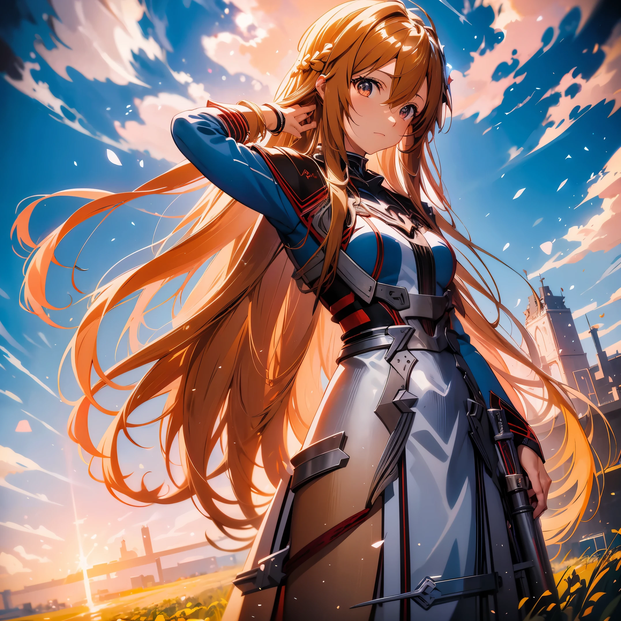 anime girl with long hair and sword in field with sky background, asuna yuuki, asuna from sao, epic light novel art cover, detailed key anime art, anime goddess, portrait of a female anime hero, detailed digital anime art, high detailed official artwork, blonde anime girl with long hair, photo of asuna from sao, anime girl with long hair