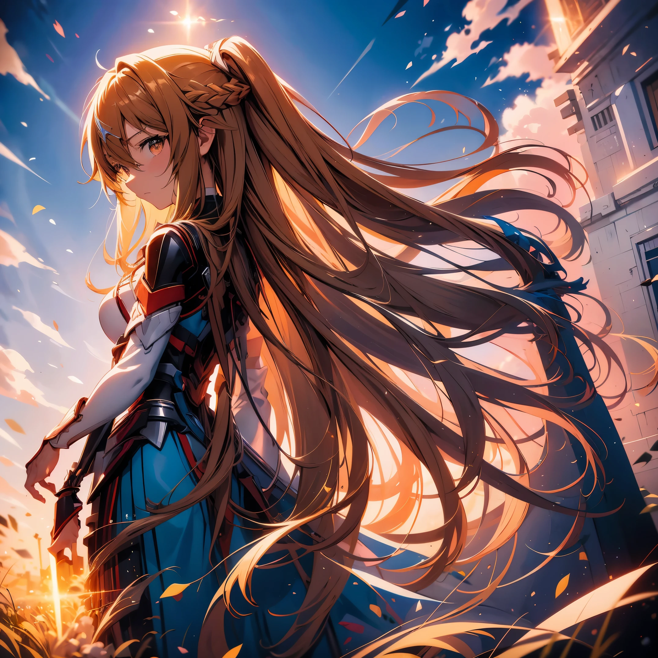 anime girl with long hair and sword in field with sky background, asuna yuuki, asuna from sao, epic light novel art cover, detailed key anime art, anime goddess, portrait of a female anime hero, detailed digital anime art, high detailed official artwork, blonde anime girl with long hair, photo of asuna from sao, anime girl with long hair