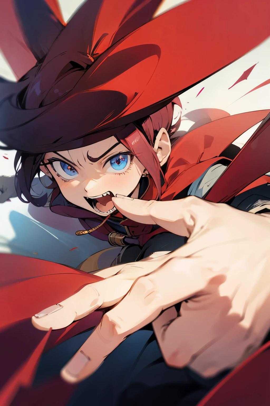 anime boy hand perspective, insane expression