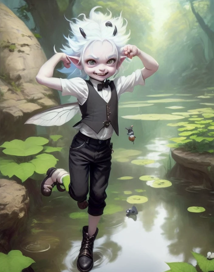 young imp child with white hair, insect antennae on his head, insect wings, white tail, black vest with bells, cheeky expression, long crazy hair, childlike, black pants and boots, pond in background, big eyes, sunny day, laughing, gleeful, by justin gerard, short legs, bare arms
