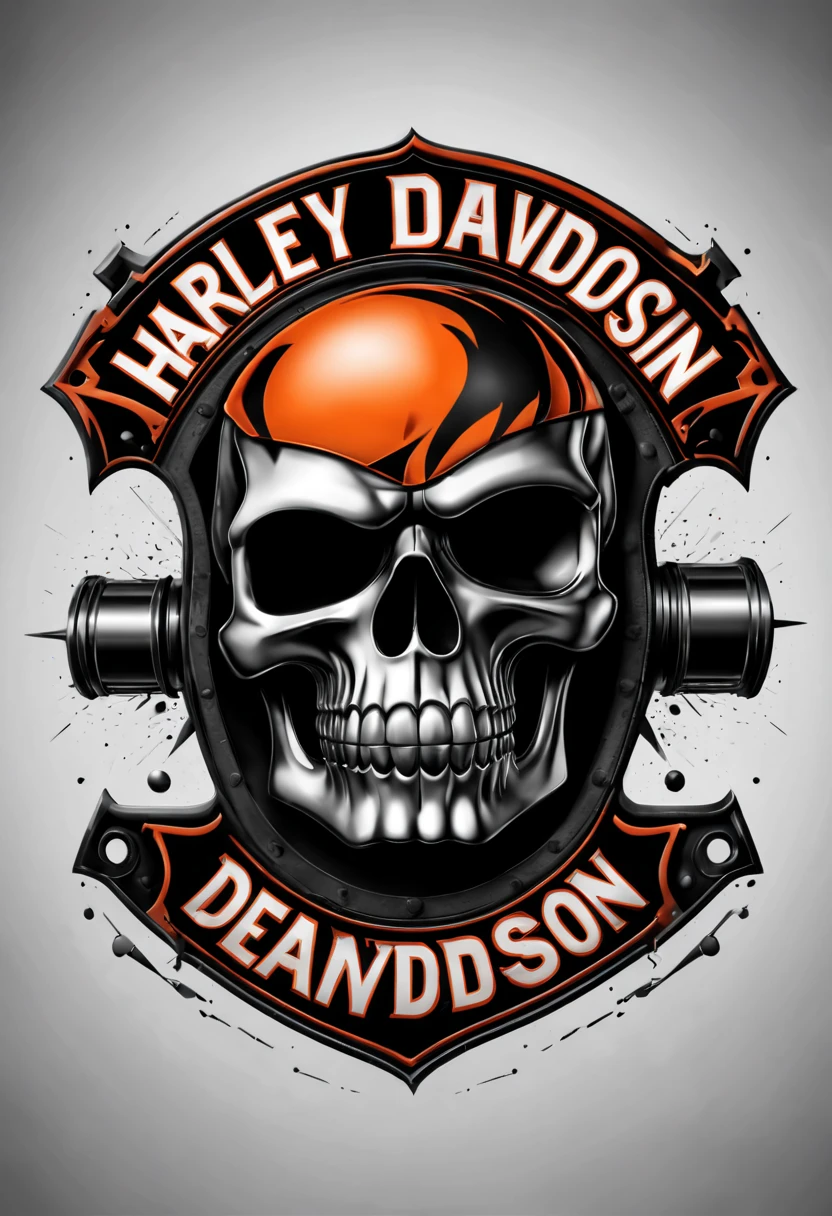 Harley Davidson logo design,t shirt design,beefy style,design only,white background,no model,professional,high contrast,high-res,ultra-detailed,vivid colors,metallic accents,sharp focus,edgy,dynamic composition,gritty texture,rough brush strokes,mechanical elements,chrome effect,classic typography,retro style,distressed look,aggressive lines and curves,3D rendering,striking visual impact,dark shadows,strong branding presence,monochromatic palette,industrial aesthetic