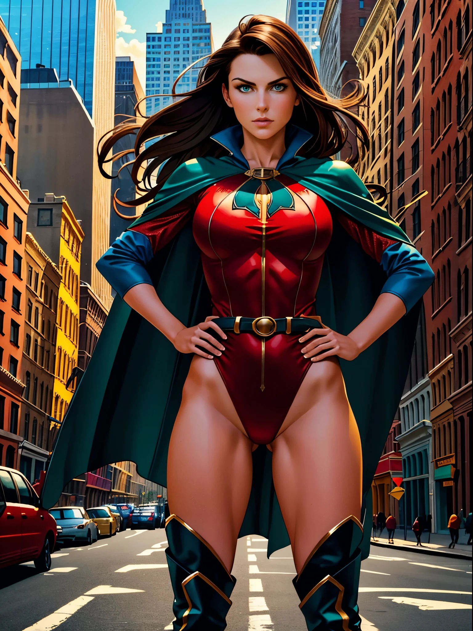 ((best quality)), ((masterpiece)), ((ultra realistic)), (dynamic heroic pose), american, beautiful detailed face, detailed eyes, sexy reporter, dressed in a red leotard, new york city backdrop, highly detailed, professional, bare legull body), hands on hip, standing, brown hair, medium hair, green eyes, matching boots, long sleeves, yellow hawk-shaped crest engraved on chest, blue cape, belt, cowboy shot