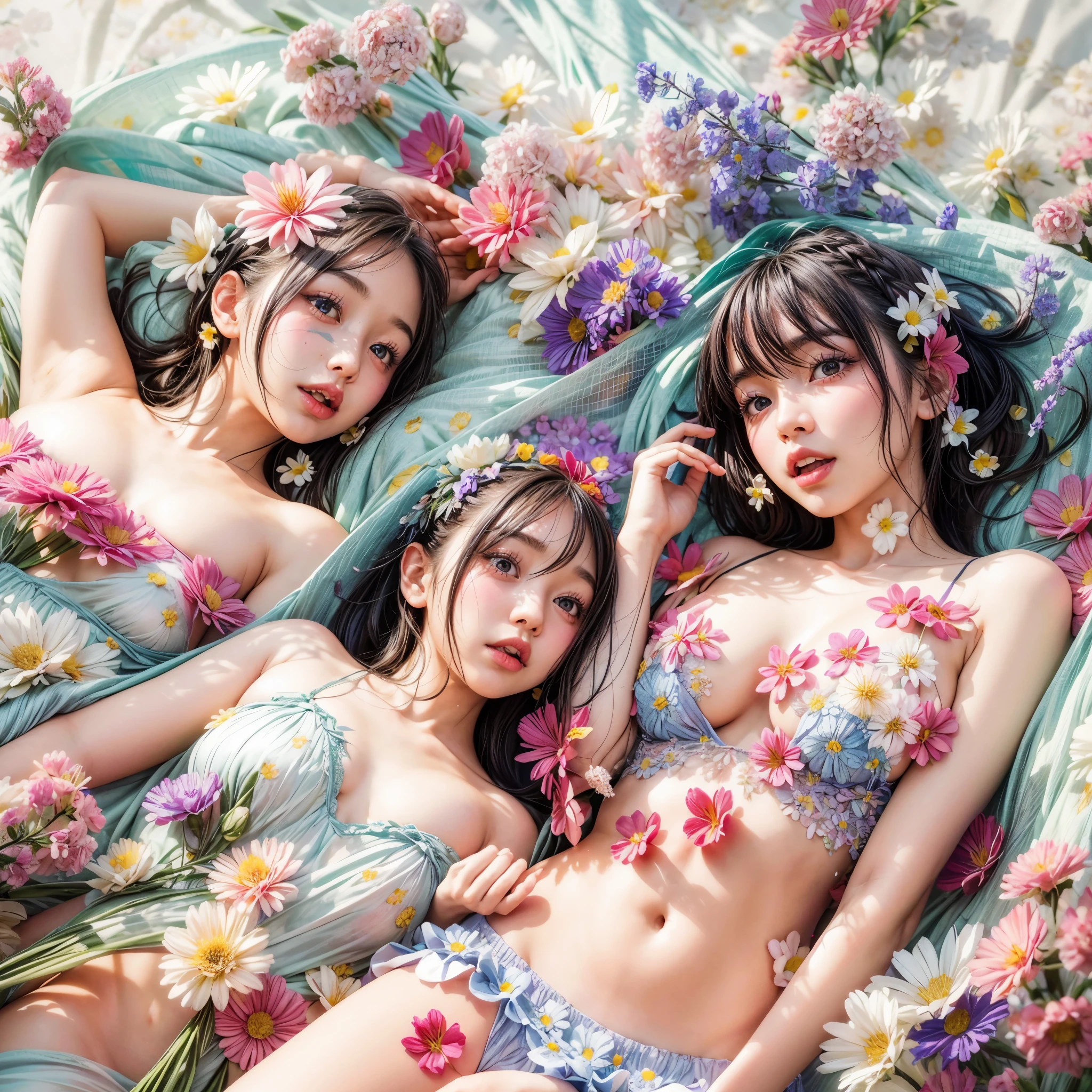 ((( KAWAII girls laying on flowers, flower background, concept art))), ((SFW)), (Exposed:1.2), (nipple:-0.9), (Acutance:0.8), (Extremely Detailed KAWAII Face variations), ( 8K finest-quality, ultra-detailed, Masterpiece:1.2), ( realistic, (Hyper-Realism:1.37), ), an extremely delicate and beautiful, (( covered girl's body with many many flowers)), ( no extra limbs ) . full of flowers, filled with flowers, Overflowing flowers .