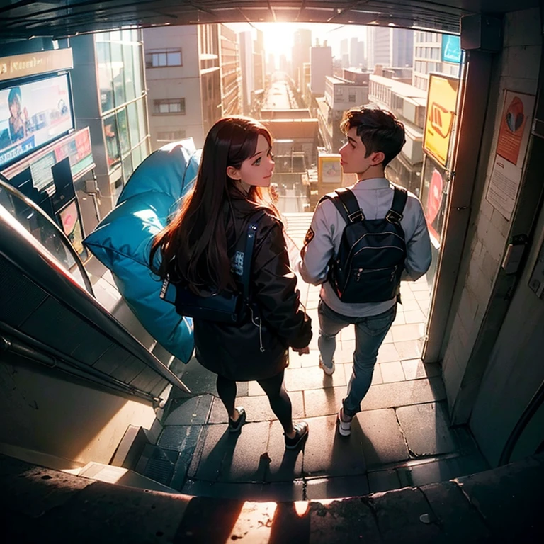 ( Masterpiece, best quality , shot from above, 100mm lens, fisheye), ((pov from above:1.4)), (( subway station:1.5, high detailed, intricate details, (walking away from viewer, facing away from viewer):1.1 )), kazuha, ( narrow face, strong jaw,  plump cheeks, dark hair , cute smile, thigh gap, beautiful  blue eyes, wearing loose-fitted drip ootd ), (backlit, sof light, HDR, 8K, cinematic lighting, tetradic, UHD)