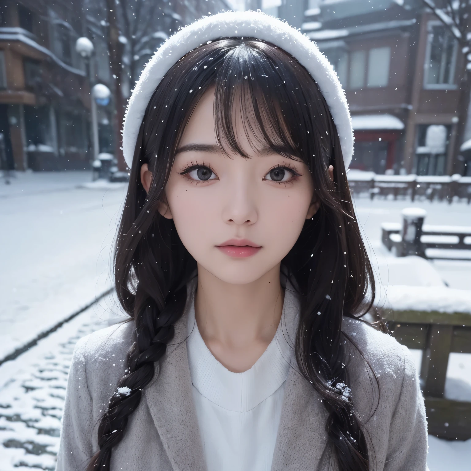 (masutepiece, Best Quality, Ultra-detailed, Best Shadow), (femele,A detailed face:1.3),(Solo), 超A high resolution,4K,8K,japanes,Wear winter clothes,route,Woman,Straight face,ren,A half bodyショット,It's snowing,A half body