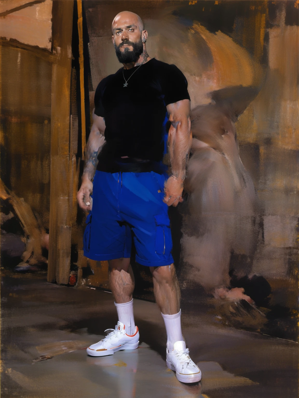 skater dad, y2k fashion, tattoos, beard, bald, earrings, piercings, multiple piercings, silver rings, dilf, white socks, robust clothing, vans sneakers, cargo shorts, white male, gentle handsome face, high quality standing, dark clothes, art studio,