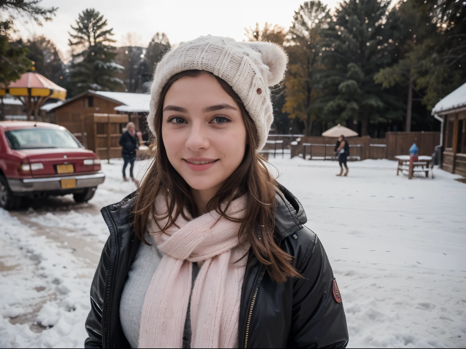 portrait style+, hyperrealistic highly detailed cinematic epic composition 8K, photo of smiling 31 year old girl, under the winter sun, selfie photo, girl dressed in winter jacket and pink woolen hat, background of rides and children having fun, highly realistic rides, lawn where children have fun and have lots of space to play and run ((best quality)), ((masterpiece)), (detailed), perfect face