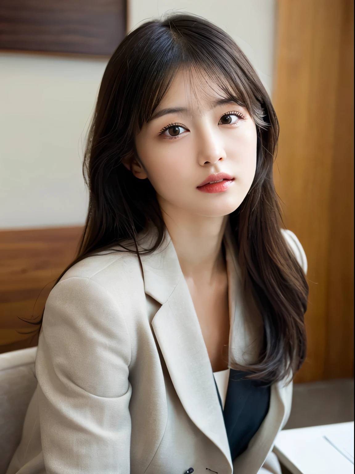 (Raw photo, Best Quality), (Realistic, Photorealsitic:1.3), masutepiece, Extremely delicate and beautiful, Soft light, (Black hair,Long hair, layers-Cut), Beautiful detailed girl, (Precise fingers, Eyes and faces with detailed, beautiful detailed nose, Beautiful detailed eyes, 1 girl, Japanese, Neat and clean beauty, Cute, 年轻, In a suit,sit a chair (Half body:1.3), (medium breasts), Realistic face, Realistic body, (s Office)