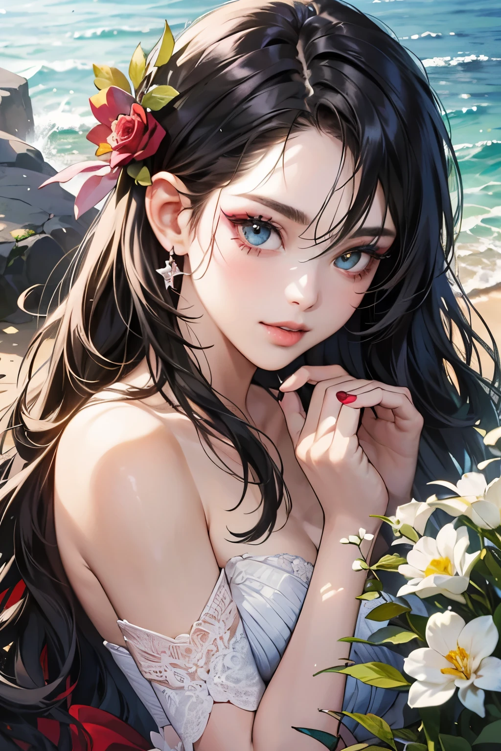 (masutepiece, Digital Art, Digital Illustration, 4K, 8K, Ultra-detailed, beautiful image, Sharp Image, Photorealistic, Raw photo, Perfect face, Perfect lines, Perfect eyes, Soft lighting) ,1 woman, (Long Black Hair,straight haired,Bullish gaze,Beautie,ellegance,Solid makeup,23 y-o woman,small tits:1.3),Two handsome embers in suits, (ember,well-muscled,Firm shoulder width, ember saw,Boyish hairstyle,English gentlemanly style,30's ember with a cool expression,28 year old ember with a bright smile:1.2),Show white teeth and smile(embarrassed from,Shy smile:1.1),shores,Beach,Beach Wedding、innocent smiles,Laugh、couple kissing、kiss、the kiss、Romance、Mermaid Line Wedding Dresses、Wedding、Bouquet of roses、Wedding