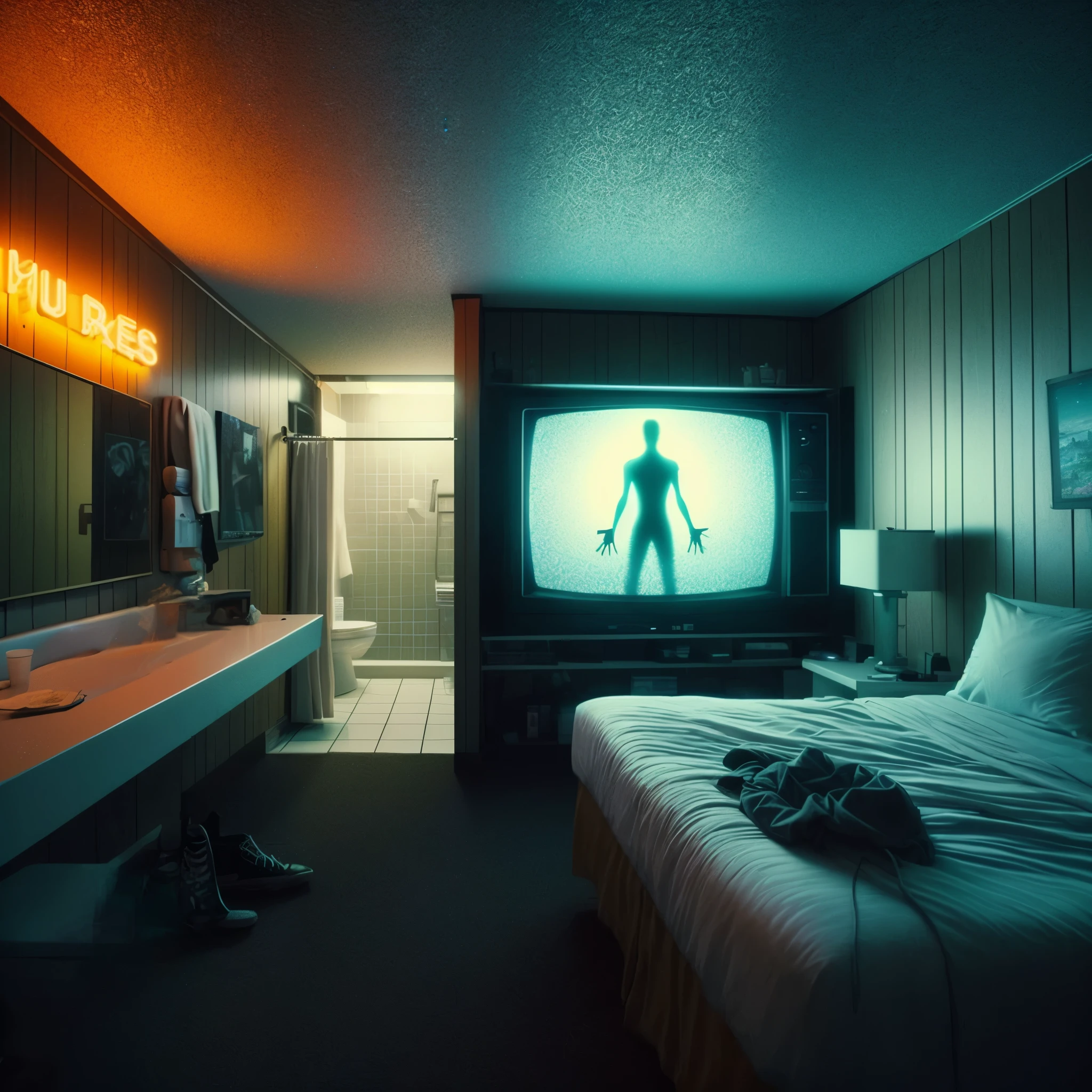 there is a bed in a room with a television and a sink, by Mike Winkelmann, inspired by Mike Winkelmann, beeple and mike winkelmann, beeple and tim hildebrandt, dan mumford. octane render, unreal engine. retro film still, beeple and jean giraud, 3 d render beeple