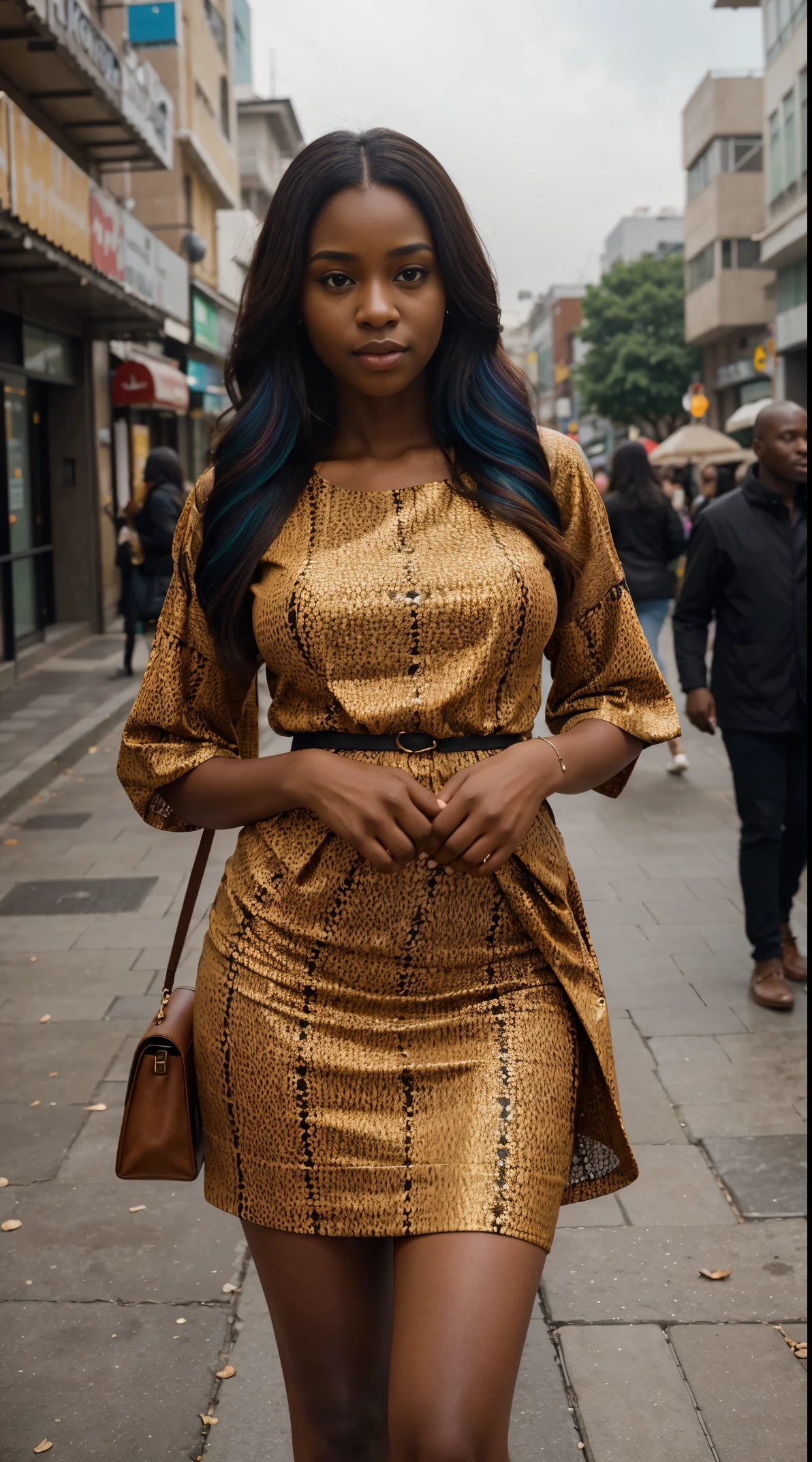 professional portrait photograph of a gorgeous ebony girl in ankara clothing with long wavy brown hair, sultry flirty look, gorgeous symmetrical face, cute natural makeup, wearing elegant warm ankara fashion clothing, ((standing outside beside city street)), stunning modern urban nigerian environment, ultra realistic, elegant, highly detailed, intricate, sharp focus, depth of field, f/1. 8, 85mm, medium shot, mid shot, (((professionally color graded))), bright soft diffused light, (volumetric fog), trending on instagram, hdr 4k, 8k