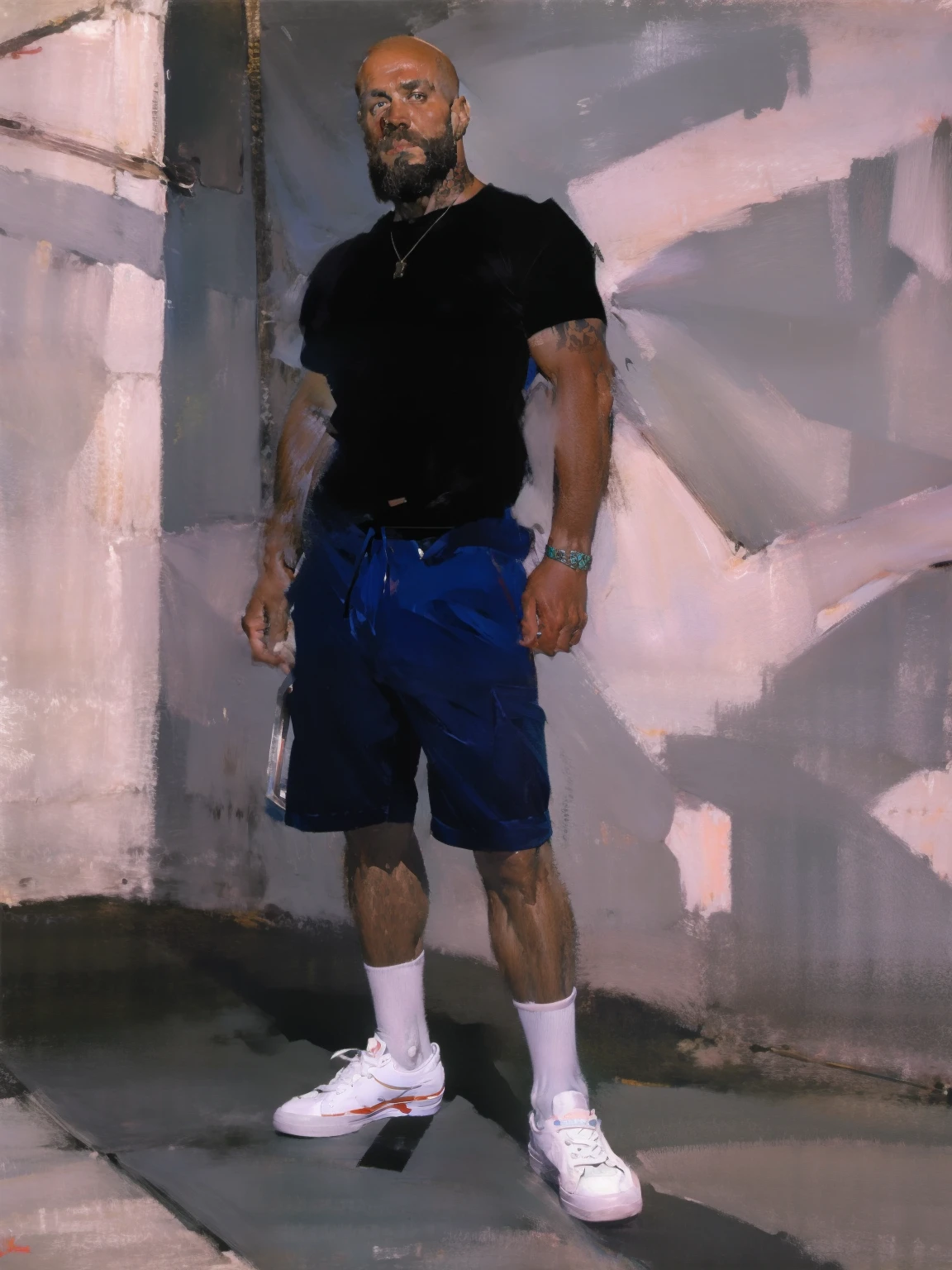 skater dad, y2k fashion, tattoos, beard, bald, earrings, piercings, multiple piercings, silver rings, dilf, white socks, robust clothing, vans sneakers, cargo shorts, white male, gentle handsome face, high quality standing, dark clothes, art studio,