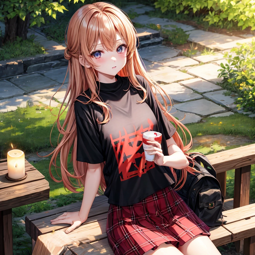 red blonde、verd s eyes、one good looking girl、独奏、animesque、lightly dressed、Plaid miniskirt、sitting on、Black T-shirt、the woods、Sunlight、candle fire、Looks cold