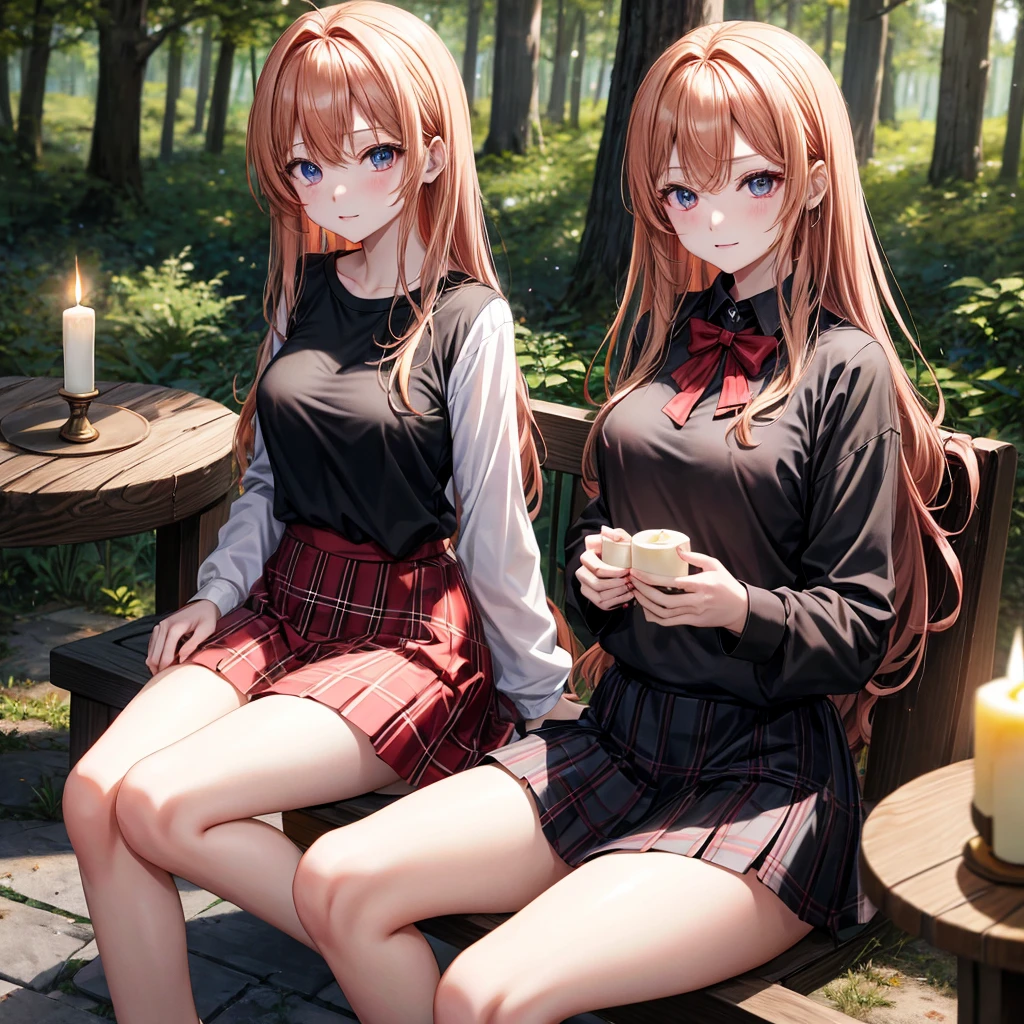 red blonde、verd s eyes、one good looking girl、独奏、animesque、lightly dressed、Plaid miniskirt、sitting on、Black T-shirt、the woods、Sunlight、candle fire、Looks cold