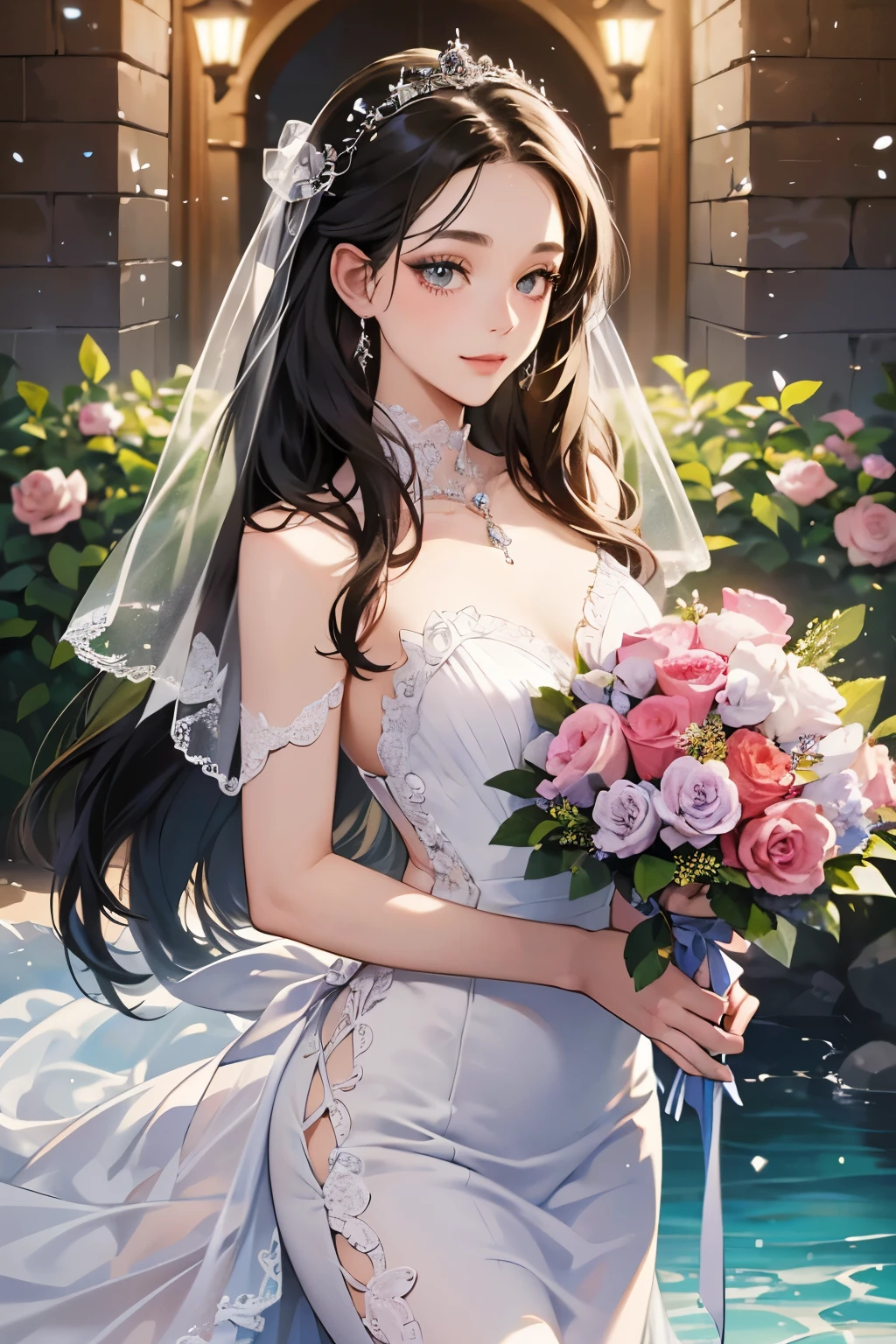 A bride in a white wedding dress holding a bouquet of flowers。
No background