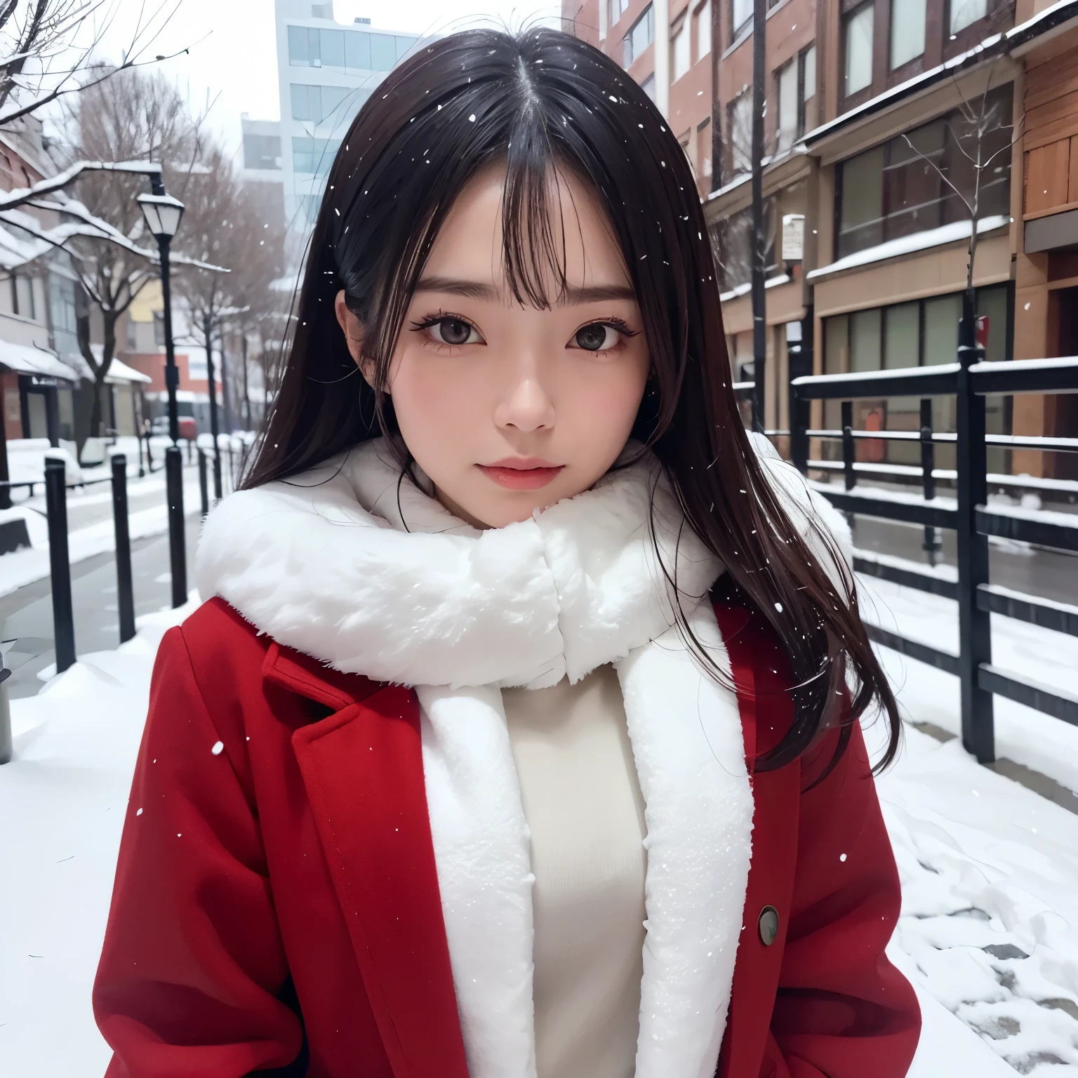 (masutepiece, Best Quality, Ultra-detailed, Best Shadow), (femele,A detailed face:1.3),(Solo), 超A high resolution,4K,8K,japanes,Wear winter clothes,route,Woman,Straight face,ren,A half bodyショット,It's snowing,A half body,Red coat,looking at the front camera,straight
