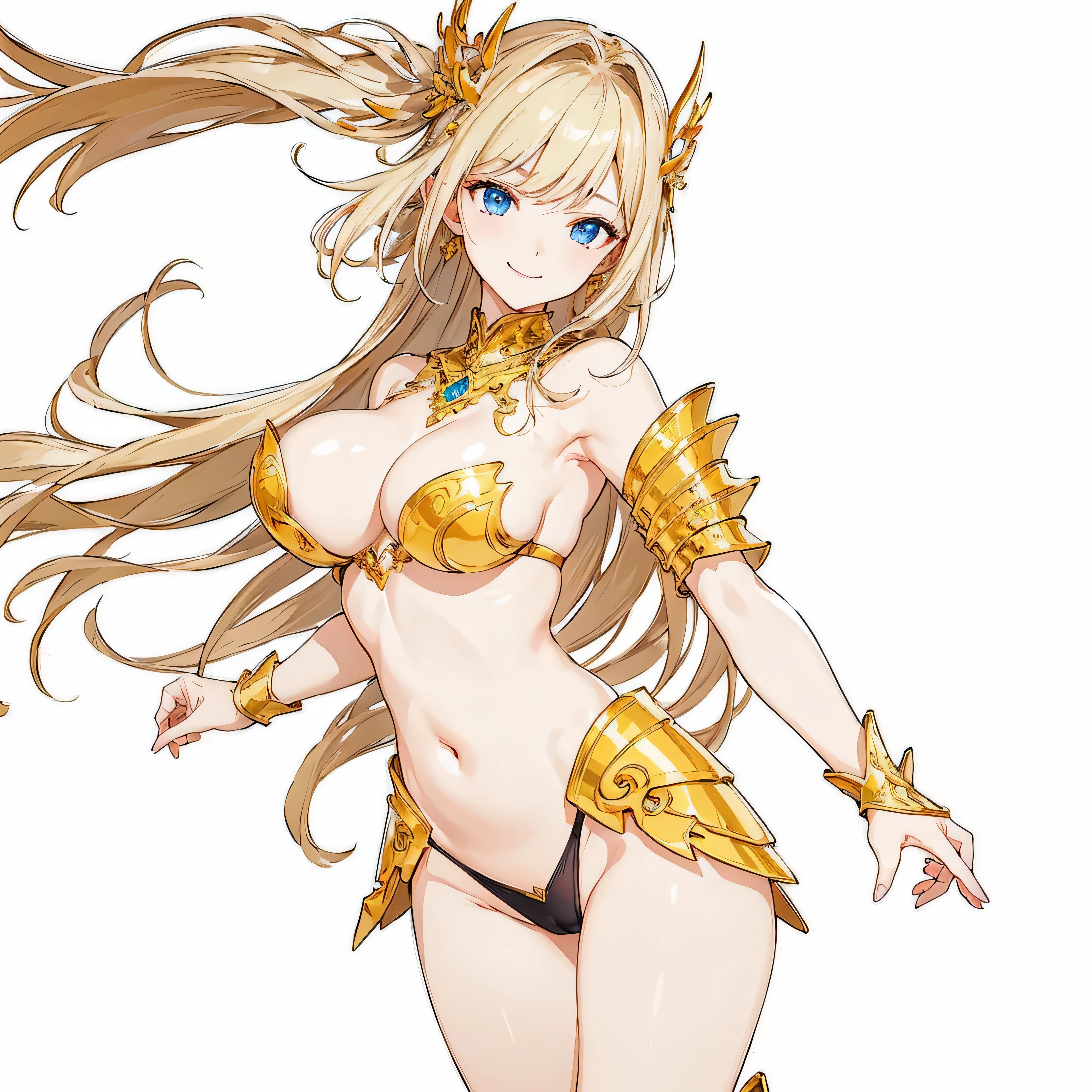 masterpiece、top-quality、ighly detailed、hight resolution、16k、fullnude、teats、Teetoob proportions、golden armour、Very thin skirt、Black pants、Very white skin、Beautiful fingers、Anime girl with very big breasts posing naked、Perfect Style、elvish、no-bra、Blonde blue-eyed、A smile、elvishの女の子、slim the contours
