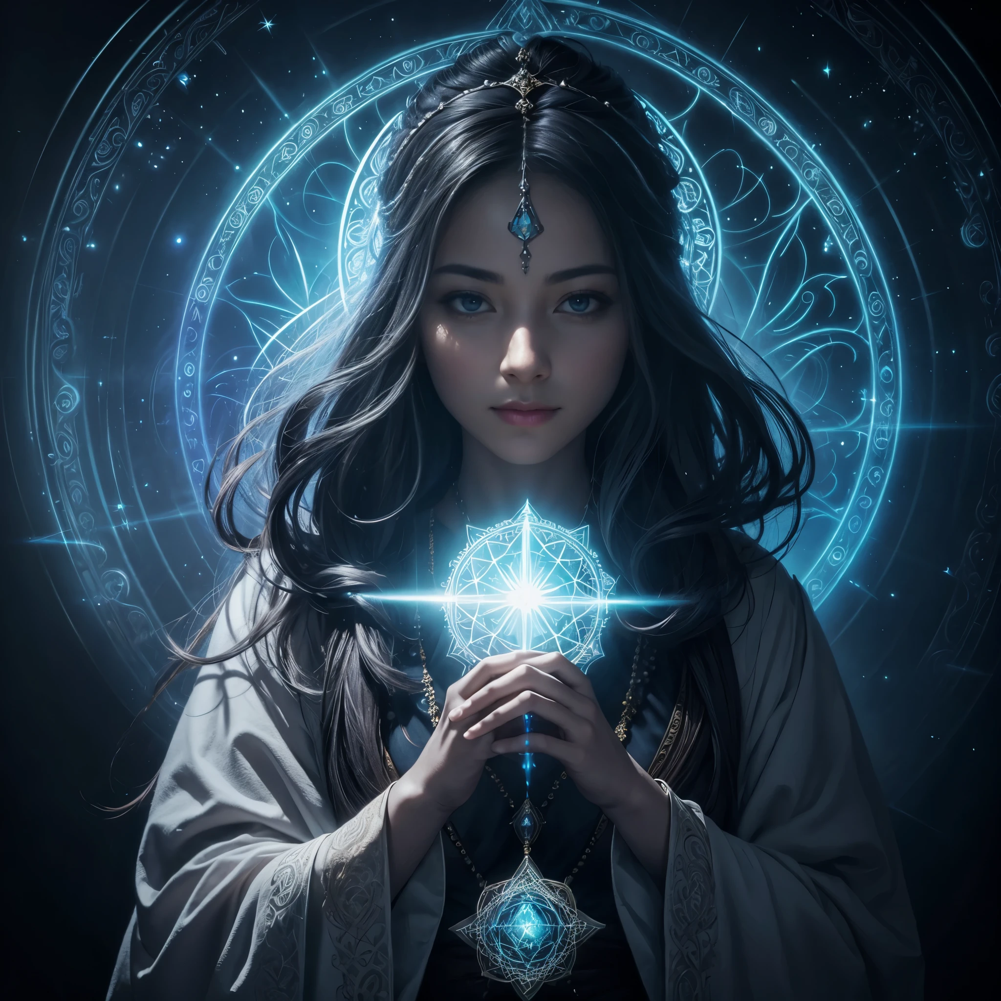 Servant of Light, epic photorealistic masterpiece, spiritual, mystical vibe, solo portrait, glow, volumetric fog, vibrant, intricate motifs, sacred geometry