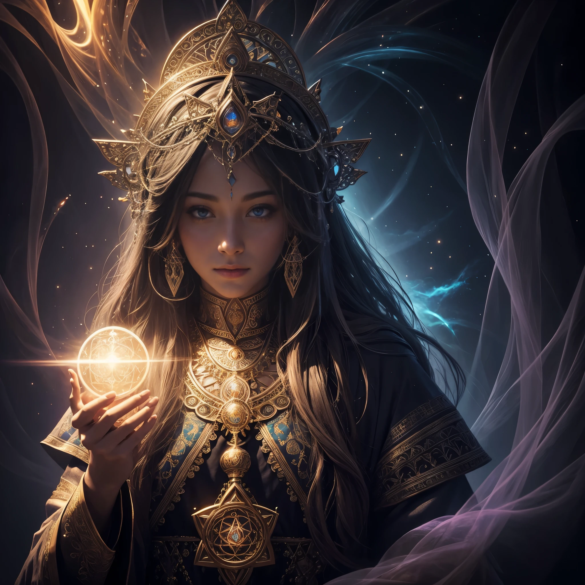 Servant of Light, epic photorealistic masterpiece, spiritual, mystical vibe, solo portrait, glow, volumetric fog, vibrant, intricate motifs, sacred geometry