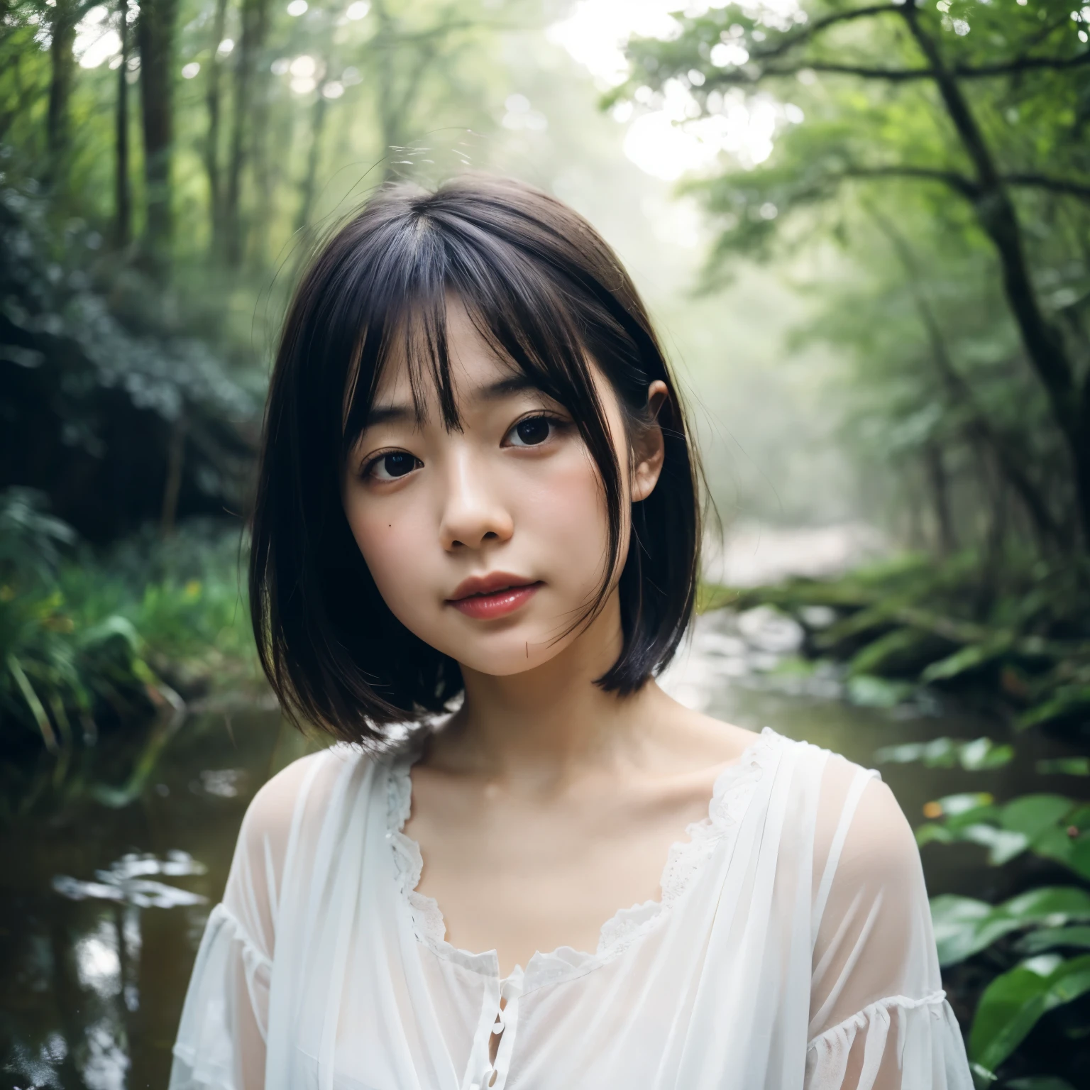 Beautiful face, Best Quality,ultra high natural light, Shiny skin,Detailed skin,Detailed face,Detailed eyes, Beautiful japanese girl, In the deep forest, (Fog:1.2), Sateen, puddle, myst, Water, downpour, Many trees