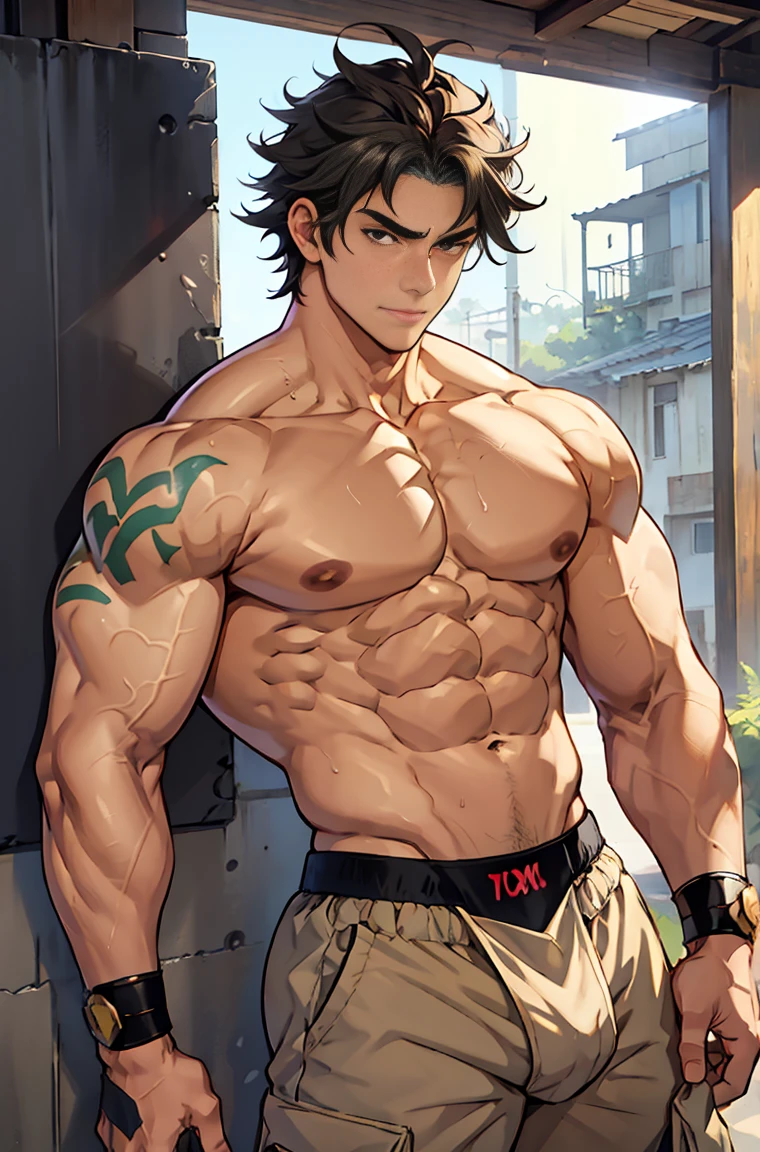 show off thick arms to the audience，closeup of armuscle protrusions on shoulders，Shoulders exposed，Stout arms，A mais alta qualidade de imagem，Pessoas do sexo masculino，Child，1 menino，jovem e bonito，Shoun，cabelos brancos，Cabelo liso curto，Pele escura，Anime peito grande，anime wallpaper，sozinho，Foco Masculino，cuecas，Dilation of the pectoral muscles，capa vermelhirilha saliente，Fundo Urbano，Espalhe as pernas，sexy,(master part, best quality),meias brancas longaotas Red Martin，((Exaggerated bulge of muscles))，