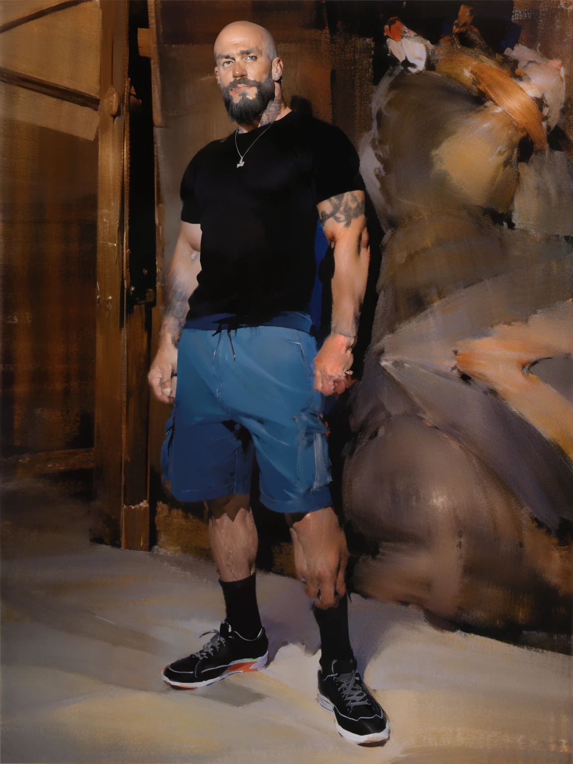 skater dad, y2k fashion, tattoos, beard, bald, earrings, piercings, multiple piercings, silver rings, dilf, white socks, robust clothing, vans sneakers, cargo shorts, white male, gentle handsome face, high quality standing, dark clothes, art studio,