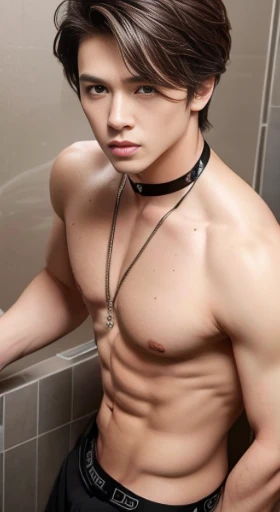 ((Best quality at best, 8K, tmasterpiece: 1.3)), full color photograph, gentleman, Eyes, (detailedeyes), gentle face, Qingyuan lighting, softlighting, Youn, super masculine, Beautiful boy, Korean star, K-pop idol, Brown hair, Fashionable boxer shorts, design color, Permanent, Strengthen the body, choker necklace, luxury hotel, luxury hotel, , showers Room, showers, Wet with, splash, Hair is wet, dynamicposes, (Shoot from above)