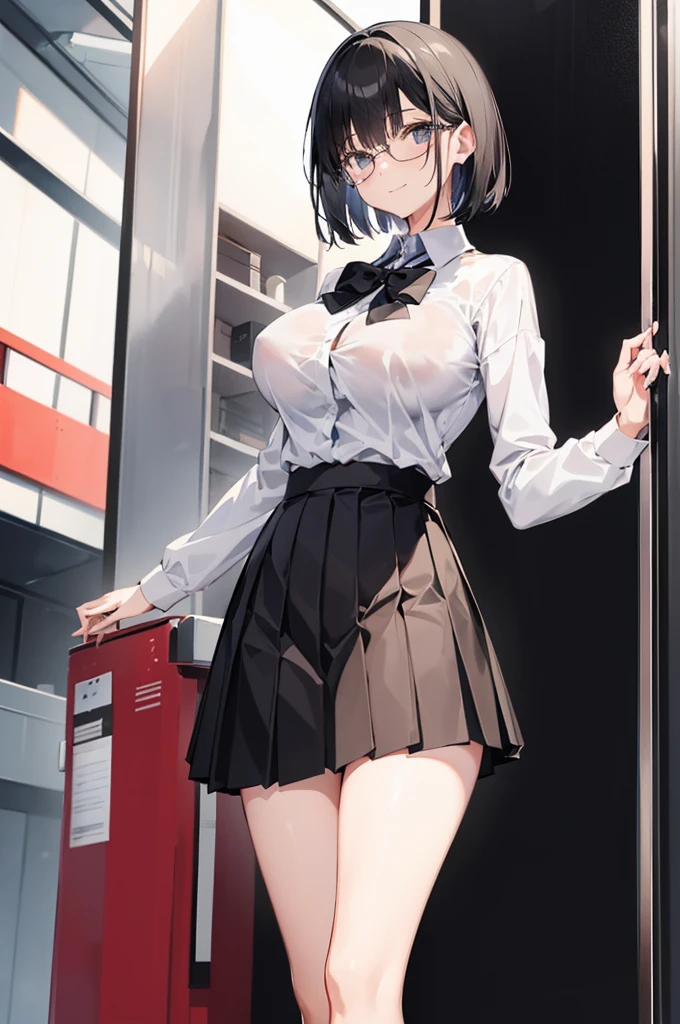 1 Japanese girl, glasses, full body, smile, (slim body:1.3), (huge breasts:1.1), (long and slender legs:1.3), short black hair, short hair, school uniform, white long sleeve shirt, pleated skirt, (black tights:1.1),