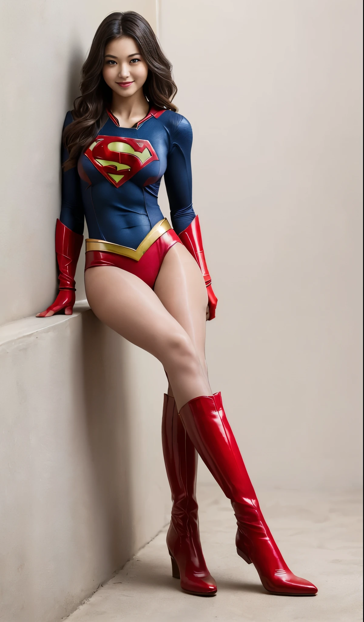 Are sleeping、lying back on、(((Wear black tights on your beautiful legs.)))、(((Grow legs、tall、Legally express the beauty of your smile)))、((((Make the most of the original image)))、(((Supergirl Costume)))、(((beautiful hairl)))、(((Suffering)))、(((Feet must necessarily be worn with black tights)))、(((You need to wear red boots)))、((Top image quality、8K))、((top-quality、8K、​masterpiece:1.3))、(((Keep Background )))、Crisp focus:1.2、Beautiful woman with perfect body shape:1.4、Slender Abs:1.2、a wet body:1.5、Highly detailed facial and skin texture、8K