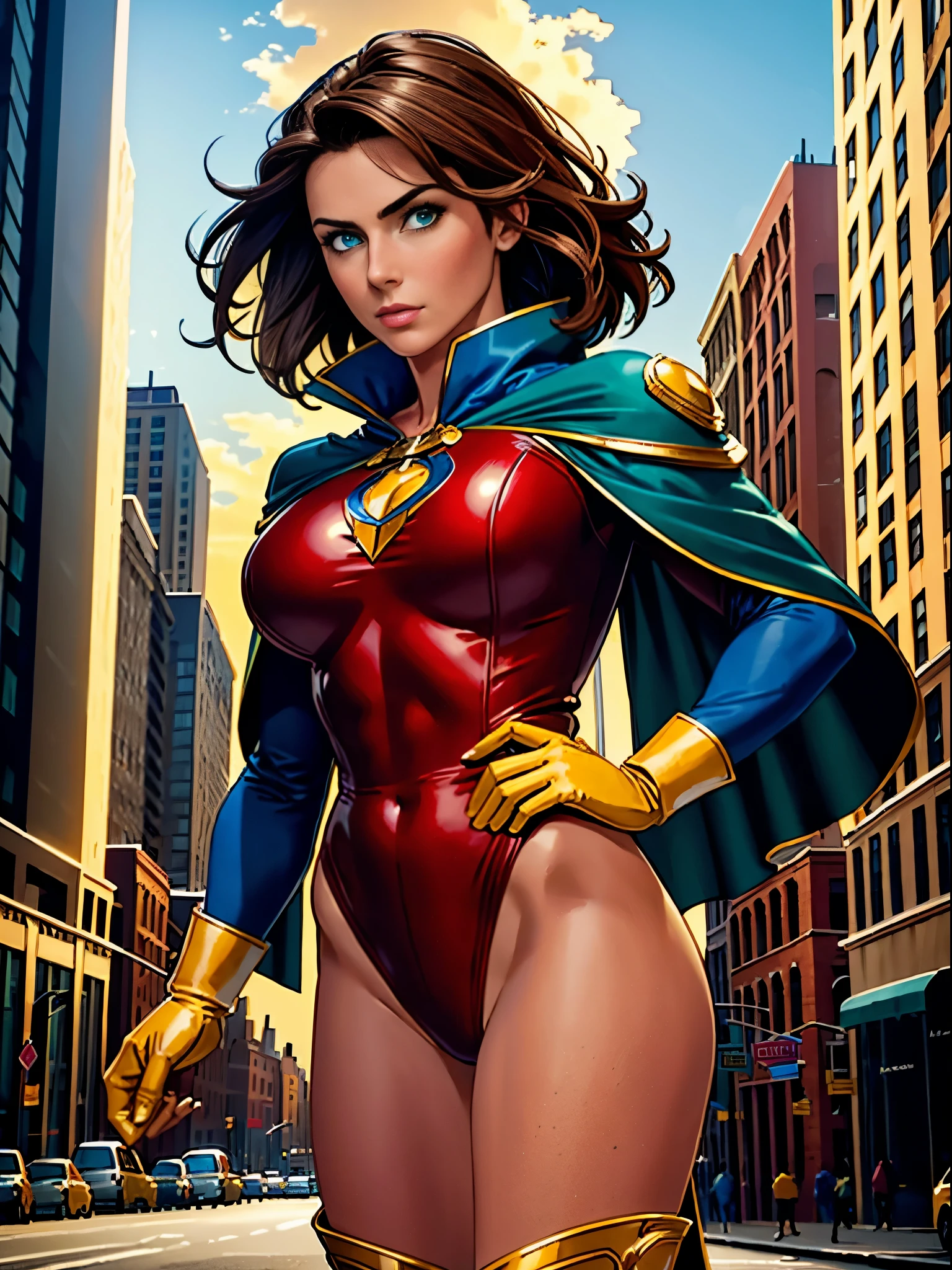 ((best quality)), ((masterpiece)), ((ultra realistic)), (dynamic heroic pose), american, beautiful detailed face, detailed eyes, sexy reporter, dressed in a red leotard, new york city backdrop, highly detailed, professional, bare legull body), hands on hip, standing, brown hair, medium hair, green eyes, matching boots, blue long sleeves, yellow cuffs, yellow hawk-shaped crest engraved on chest, blue cape, belt, cowboy shot