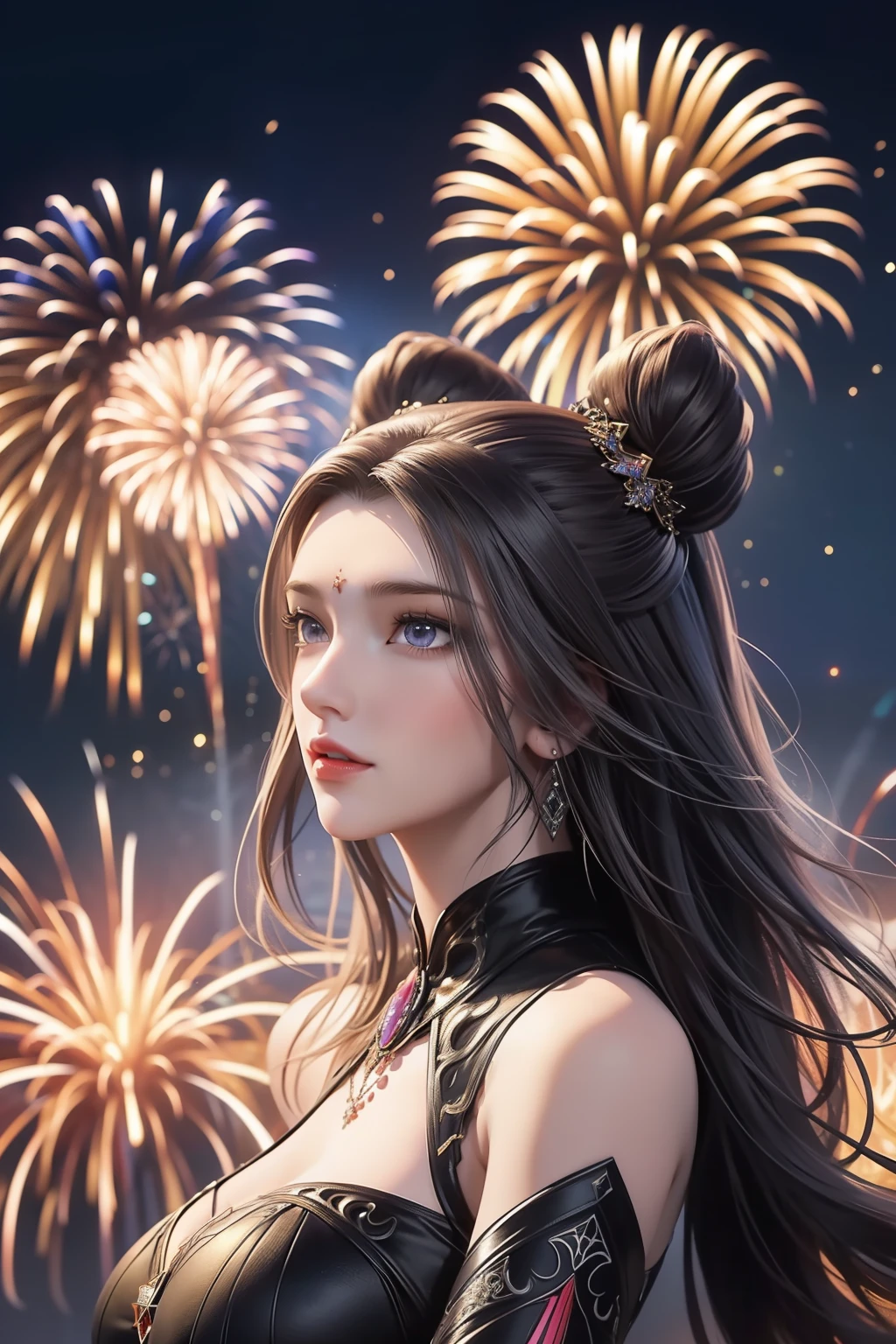 (tmasterpiece,top Quority,best qualtiy,offcial art,Beauty and aesthetics:1.2),(1girl),Extremely detailed,(s fractal art:1.3),extremely colorful,Most detailed,Fireworks explode in the sky , The fireworks are huge,Spectacular fireworks display.