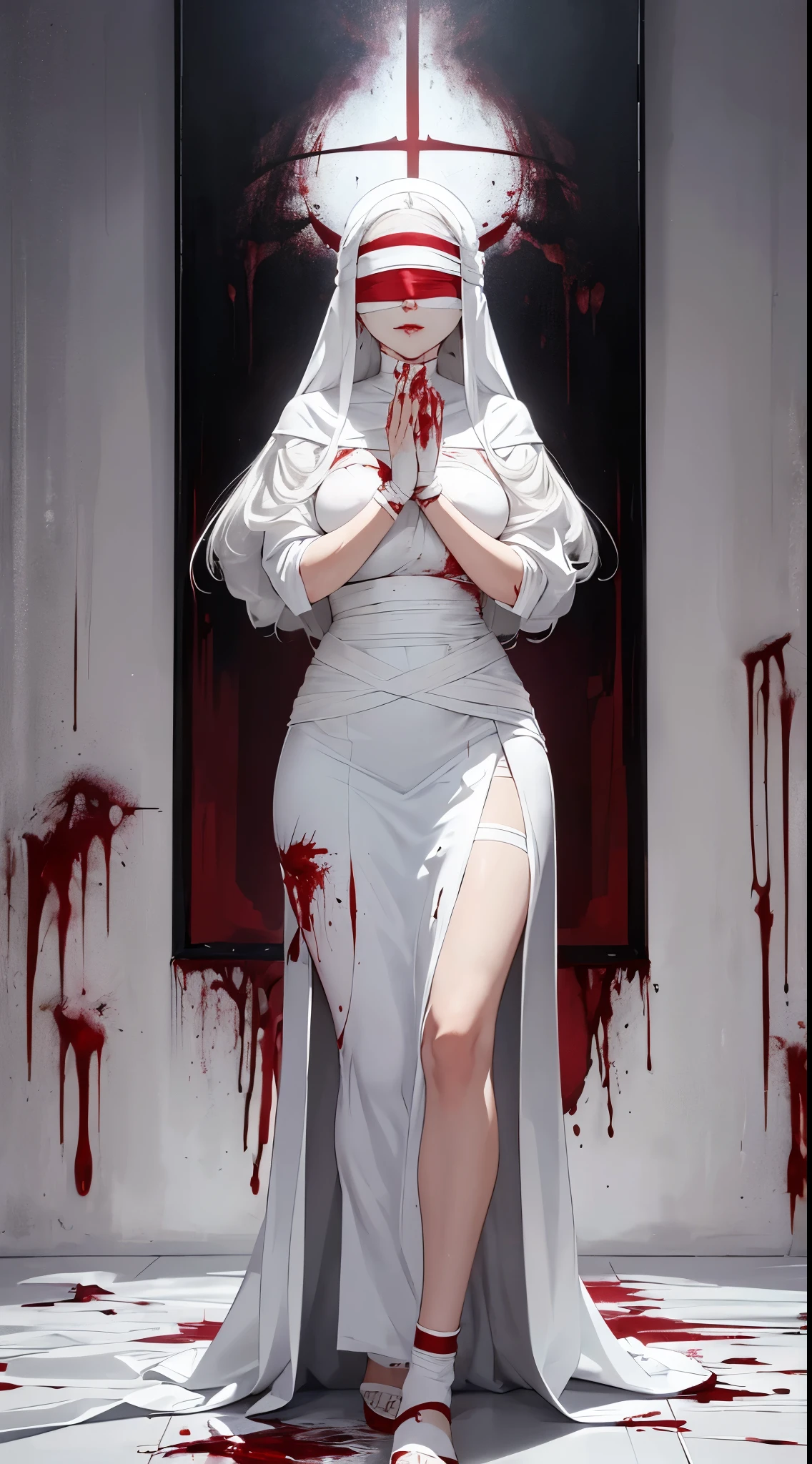 a full body portrait of a woman with white hair, wearing white nun dressing, (wearing covered eyes (blindfold bandage)), (blindfold covered in blood:1.5), in style of manga, beautiful character painting, detailed body, detailed hands, detailed face, white haired deity, epic exquisite manga character, stunning character art, artstation trending