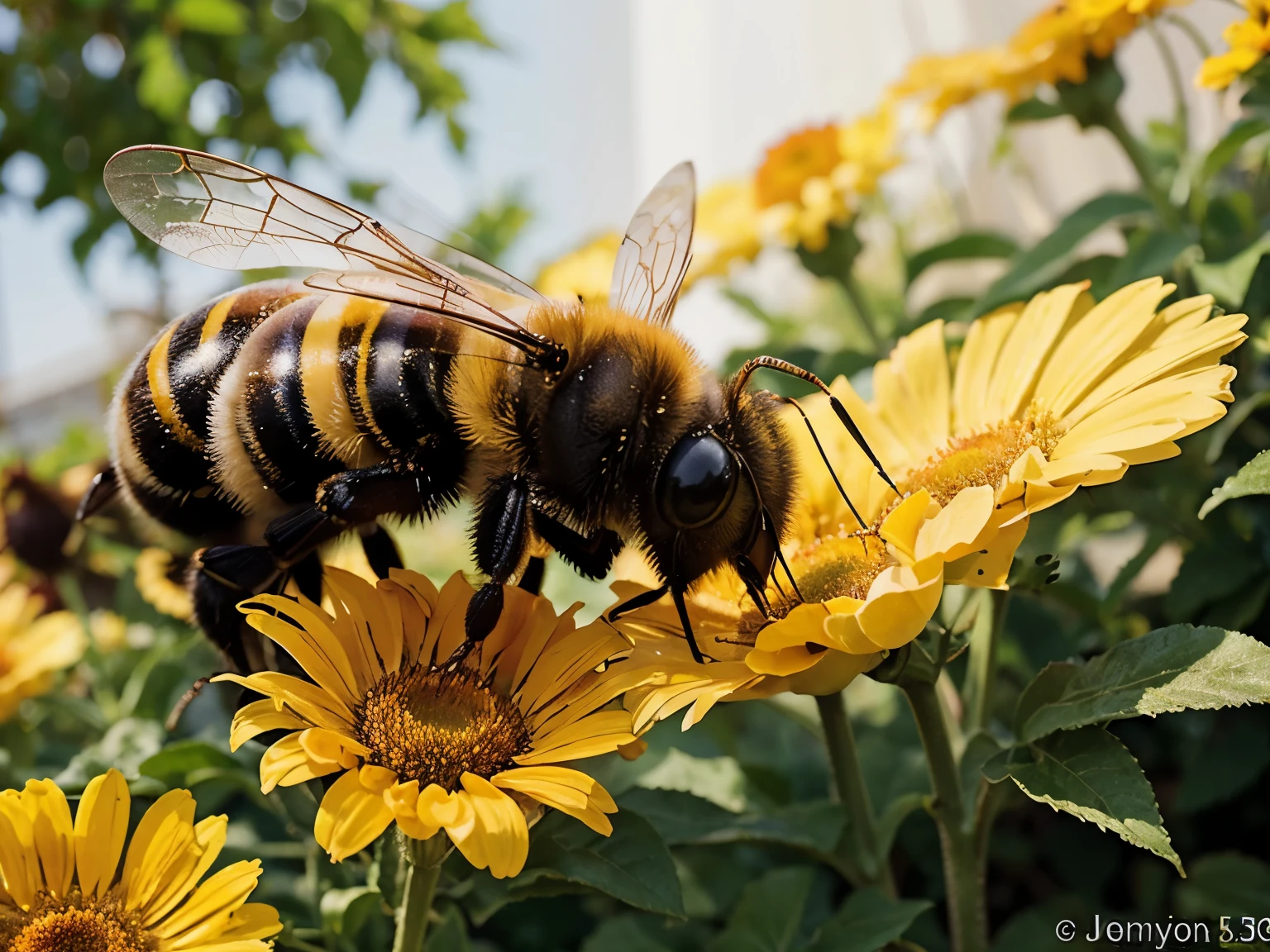 bee in flight, close-up view, agile, vibrant garden, joyful and lively, watercolor painting, warm sunlight, vibrant hues, Canon EOS R5, f/2.8, 50mm, close-up