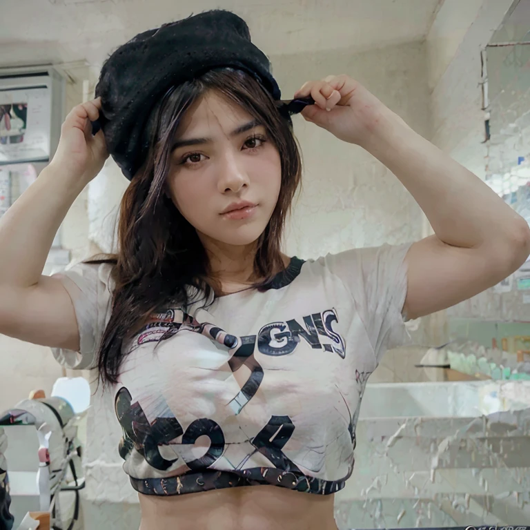 Rebellious and attractive girl with large chest wearing an oversized msi t-shirt with long dark black silky hair and eyeliner, smooth face and teenage