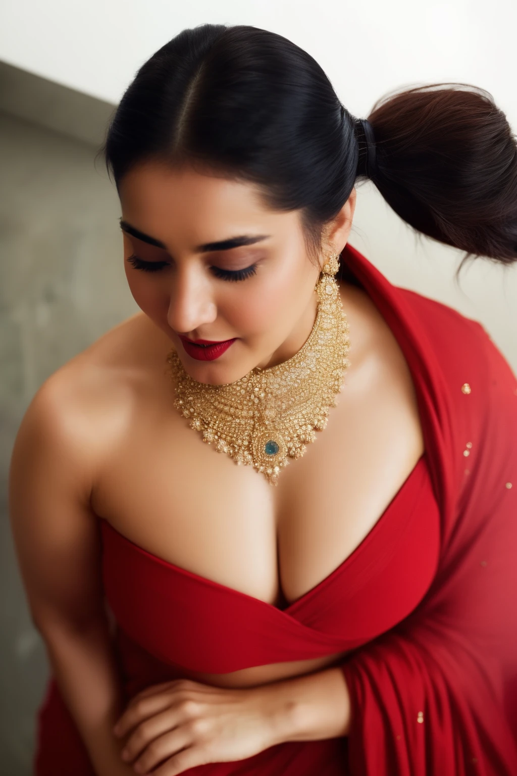 Nsfw, day scene, close up photo of naked (kareena kapoor:0.1) from top view, big cheeks, soaked in sweat, red Hollywood lips, swooping breasts, seducing in a elevator, hourglass figure, armpitlue eyes:1), ponytail, necklace, 30 yo, look at viewer, (cinematic:1.3), intricate details, (ArtStation:1.2)