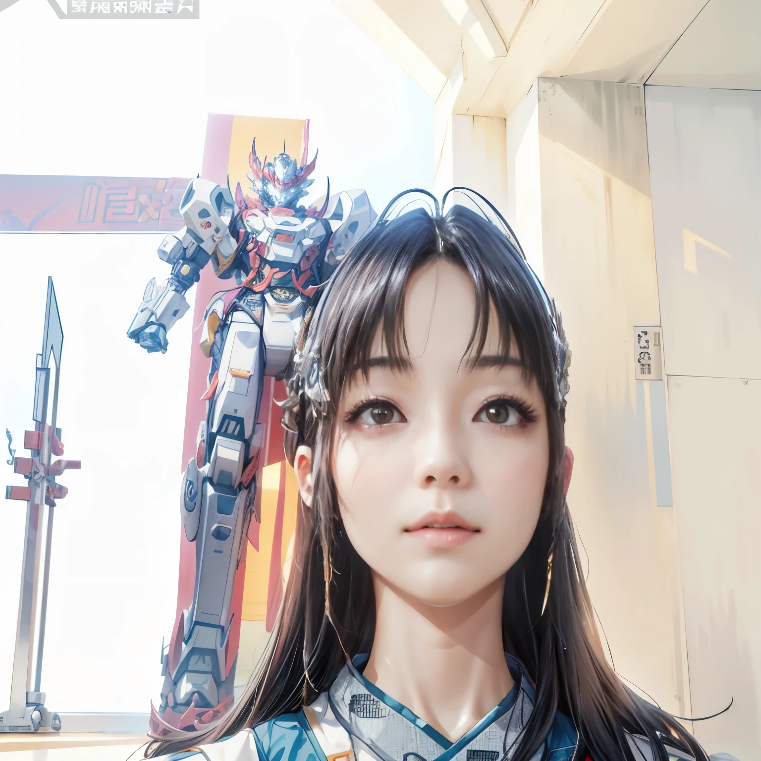 There is a woman standing in front of the robot, xintong chen, wenfei ye, wenjun lin, qifeng lin, chengyou liu, 8K photos, Xision Wu, with robot dragon head, from Transformers, wei wang, qichao wang, pengzhen zhang, li zixin, xiaolong wang, jinyiwei