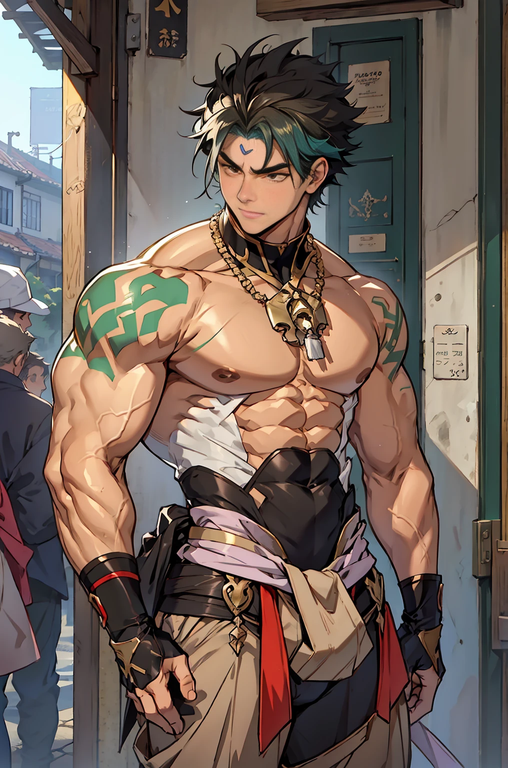 show off thick arms to the audience，closeup of armuscle protrusions on shoulders，（Shoulders exposed），Stout arms，A mais alta qualidade de imagem，Pessoas do sexo masculino，Child，1 menino，jovem e bonito，Shoun，cabelos brancos，Cabelo liso curto，Pele escura，Anime peito grande，anime wallpaper，sozinho，Foco Masculino，cuecas，Dilation of the pectoral muscles，capa vermelhirilha saliente，Fundo Urbano，Espalhe as pernas，sexy,(master part, best quality),meias brancas longaotas Red Martin，((Exaggerated bulge of muscles))，