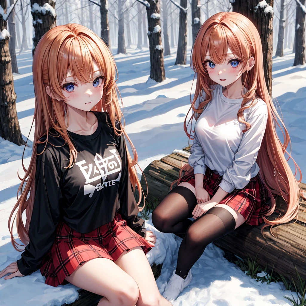 red blonde、verd s eyes、one good looking girl、独奏、animesque、lightly dressed、Plaid miniskirt、sitting on、Black T-shirt、the woods、Sunlight、Looks cold、Snow is piled up、Pomupomu