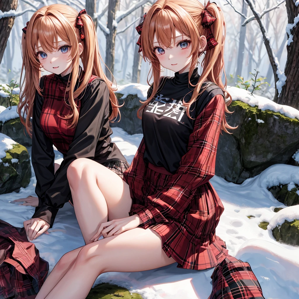 red blonde、verd s eyes、one good looking girl、独奏、animesque、lightly dressed、Plaid miniskirt、sitting on、Black T-shirt、the woods、Sunlight、Looks cold、Snow is piled up、Pomupomu