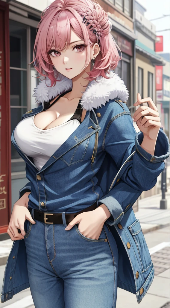 tmasterpiece,Best quality at best,8K,supreme,absurderes,cleavage,Off-the-shoulder attire,The is very detailed,Pink hair,scowling,
femele, 独奏, looking at viewert, short detailed hair,big cleavage , nabel, halter,, 鎖骨, 耳Nipple Ring, hason, trouser,Manteau, fur-trim, Denim, denim pant, Fur decorative coat,