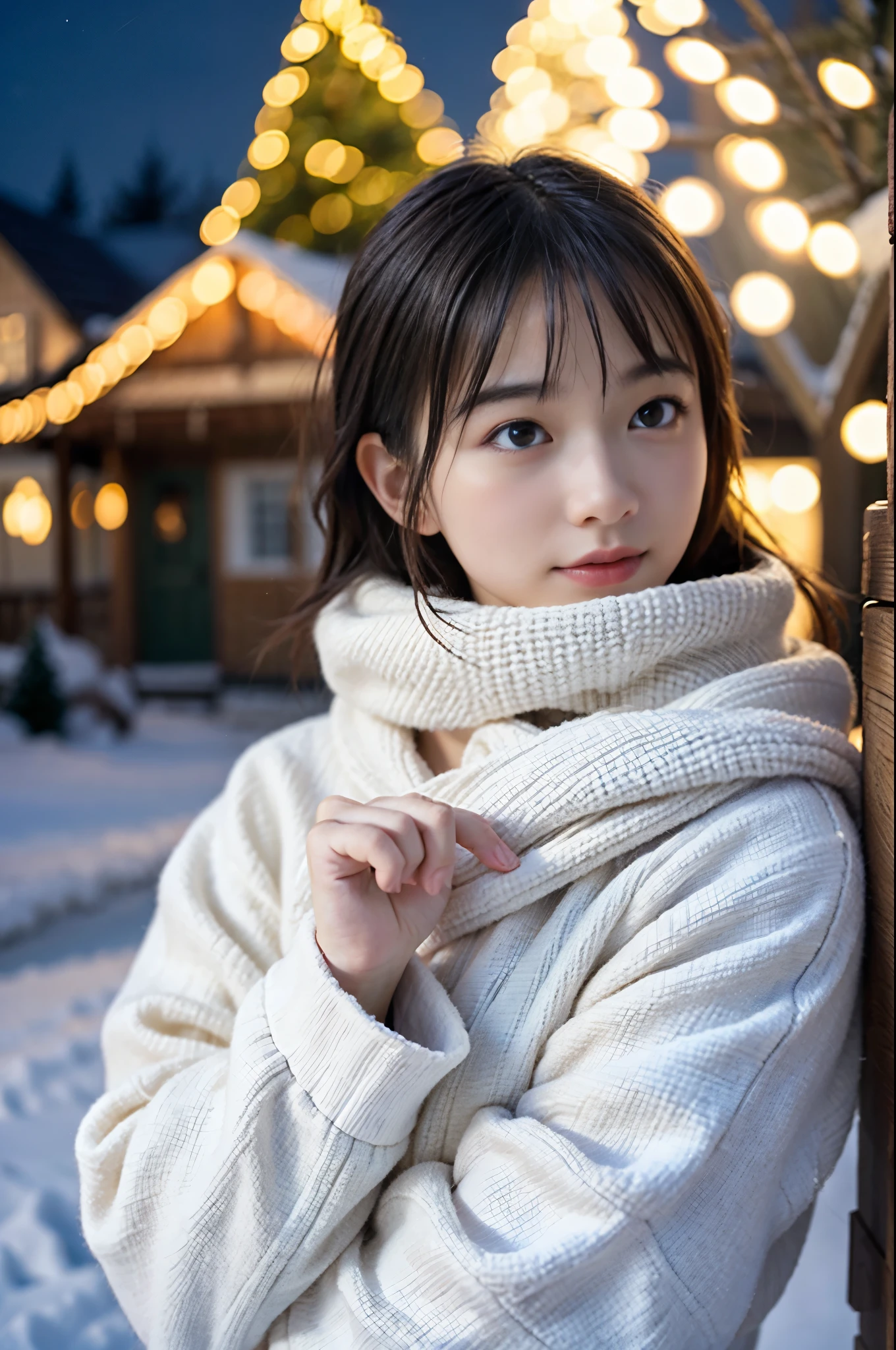 (Best Quality,4K,hight resolution,masutepiece:1.2),Realistic,Christmas,girl (15 years old),Hugging a big teddy bear、(fullnude)、sideshot、Looking up at the night sky、a closeup,Snow falling in the background,Winter wonderland,Magical atmosphere,Soft lighting,Vibrant colors,Happiness,Welcoming environment,Warmth,Shortcut Hair,Shimmering decoration,Twinkling lights,wrapped present,magic snowflake,Christmas tree with ornaments,log cabin,Peace and quiet,Excitement and anticipation,Snowy landscape,Enchanted moments,Upholstered stockings