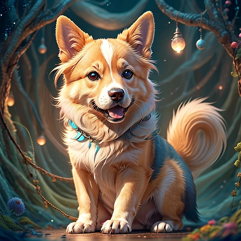 a painting of a colored Welsh Corgi on a black background, breathtaking rendering, within a radiant connection, inspired by Kinuko Y. Craft,, magical elements, wow, is beautiful, casting a multi colorful spell, bright flash, flash