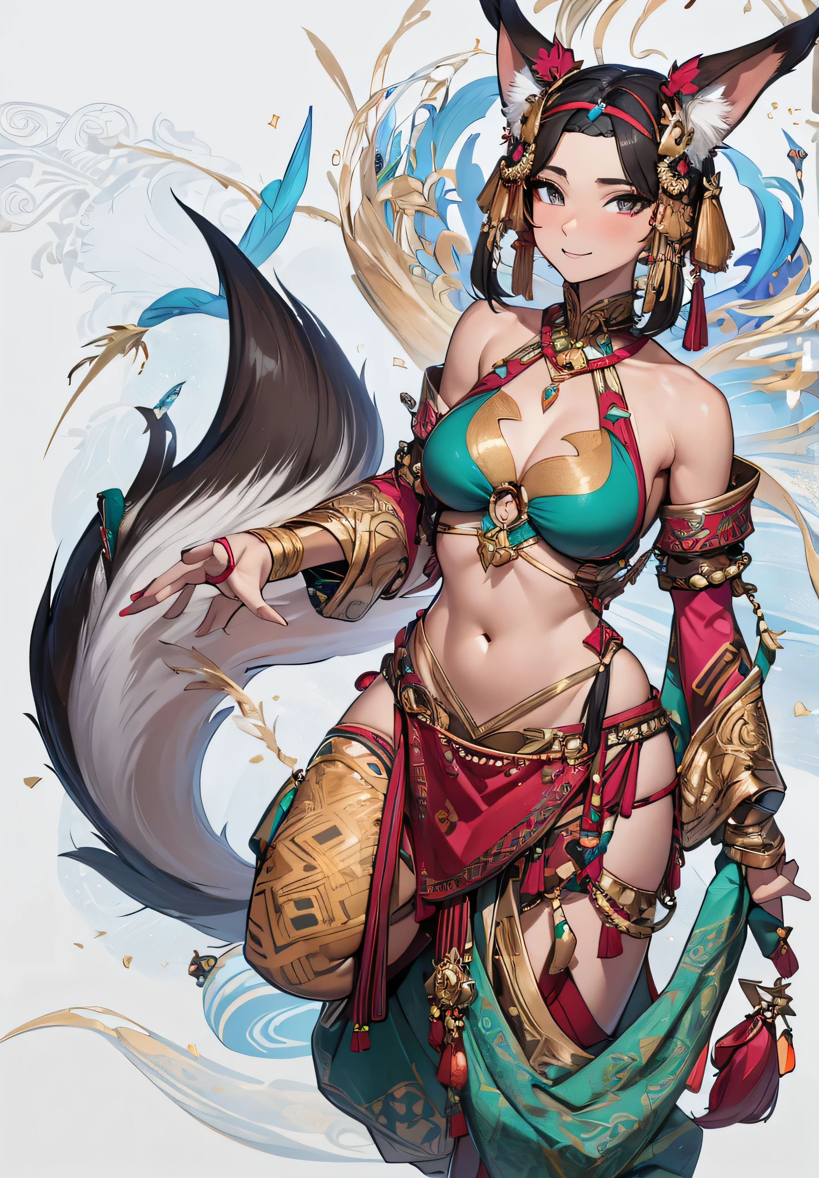 （Best quality），4K，noble vixen，from a foreign race，Wearing exotic tribal clothes，Keep hair short，Stood up，long leges，The expression is very charming