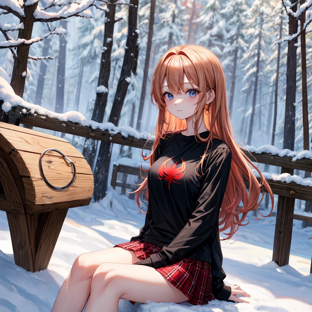 red blonde、verd s eyes、one good looking girl、独奏、animesque、lightly dressed、Plaid miniskirt、sitting on、Black T-shirt、the woods、Sunlight、Looks cold、Snow is piled up、black tea、steam