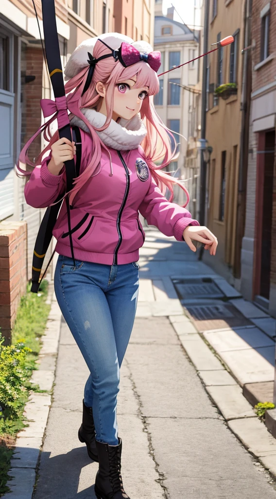 (masterpiece), best quality, expressive eyes, perfect face, 1girl, large breasts, pink eyes, light smile, straight hair, medium hair, pink hair, combat boots, side view, jacket and jeans, holding a bow and arrow, full body