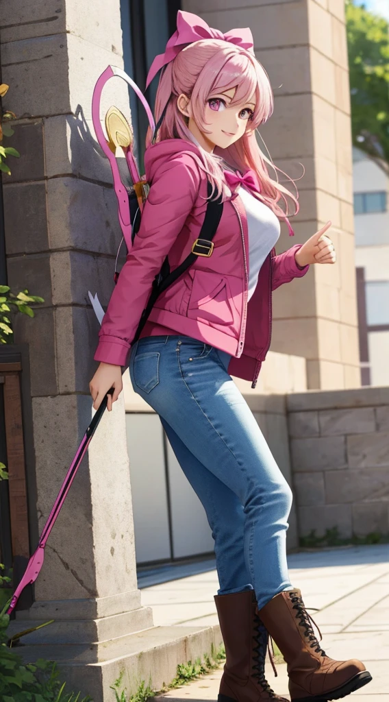 (masterpiece), best quality, expressive eyes, perfect face, 1girl, large breasts, pink eyes, light smile, straight hair, medium hair, pink hair, combat  boots, side view, jacket and jeans, holding a bow and arrow, full body