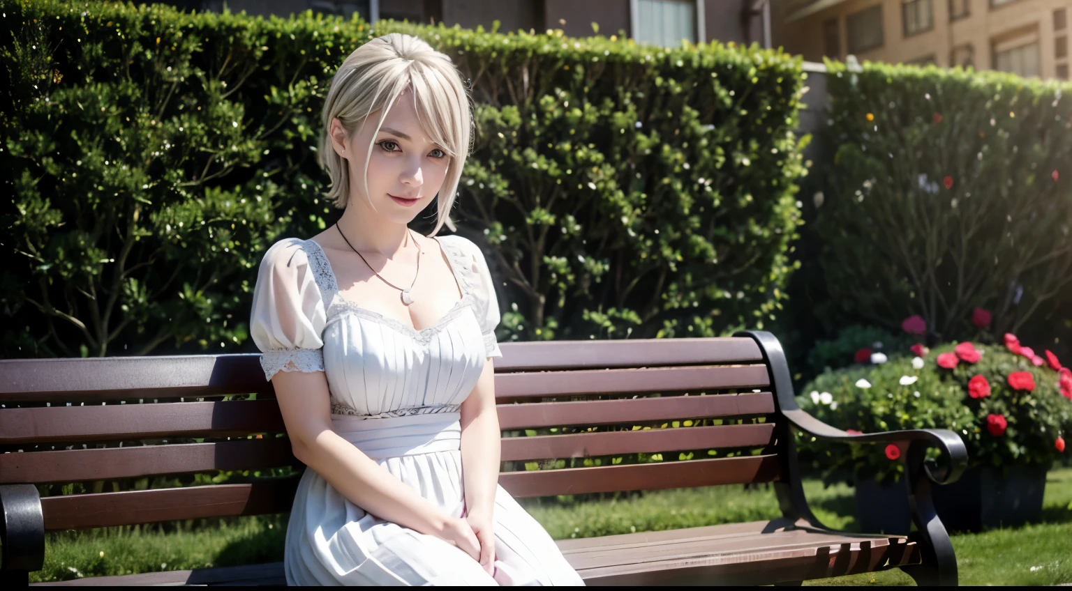 alice, smile, 1girl, solo, short hair, red eyes, white hair, detailed face, soft light, masterpiece, wearing wedding dress, wearing necklace, wearing white gloves, sit on garden bench, long skirt