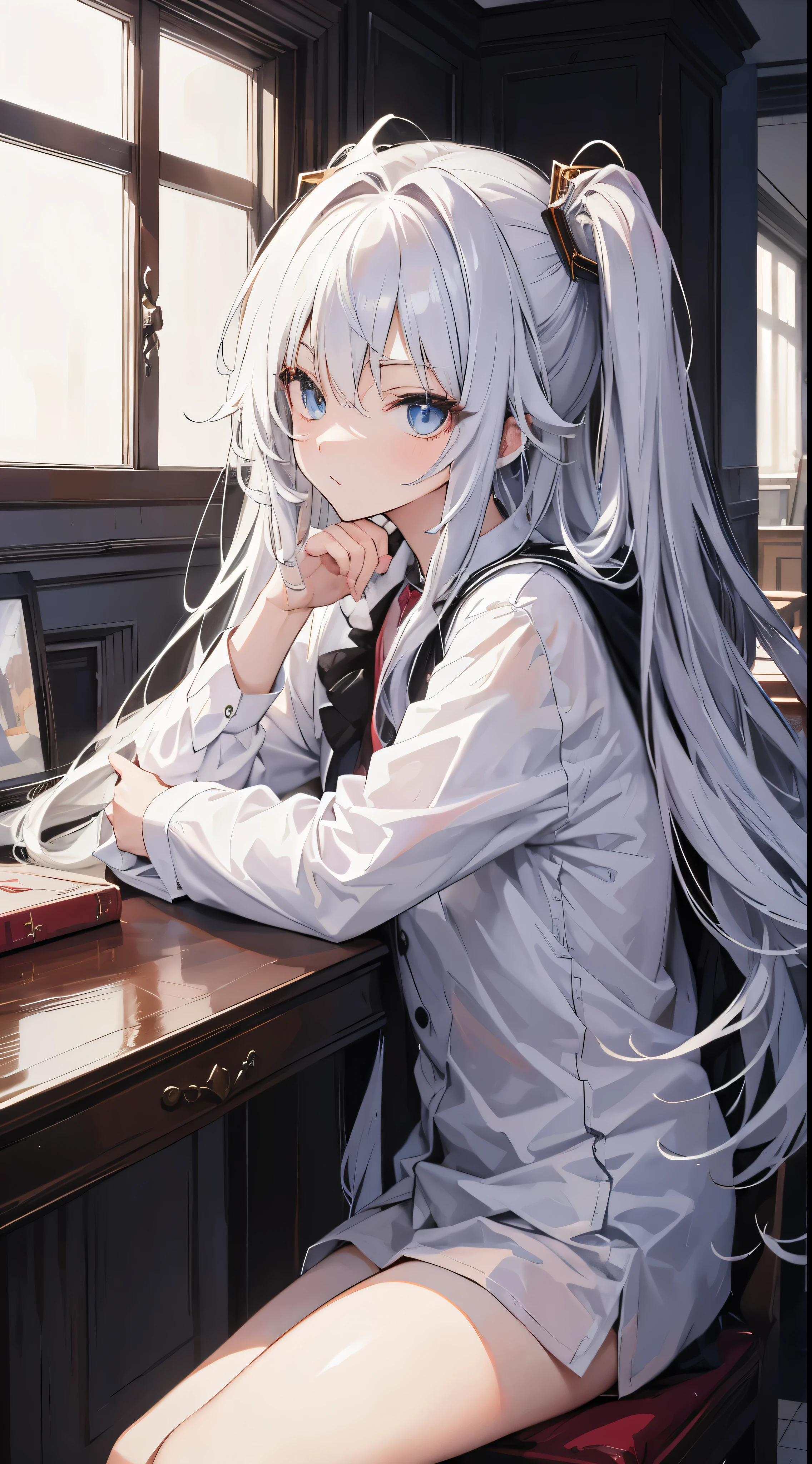 highest quality,tmasterpiece,is a perfect face,Long messy hair,Anime manga girl,indoor scene furniture, white shirt