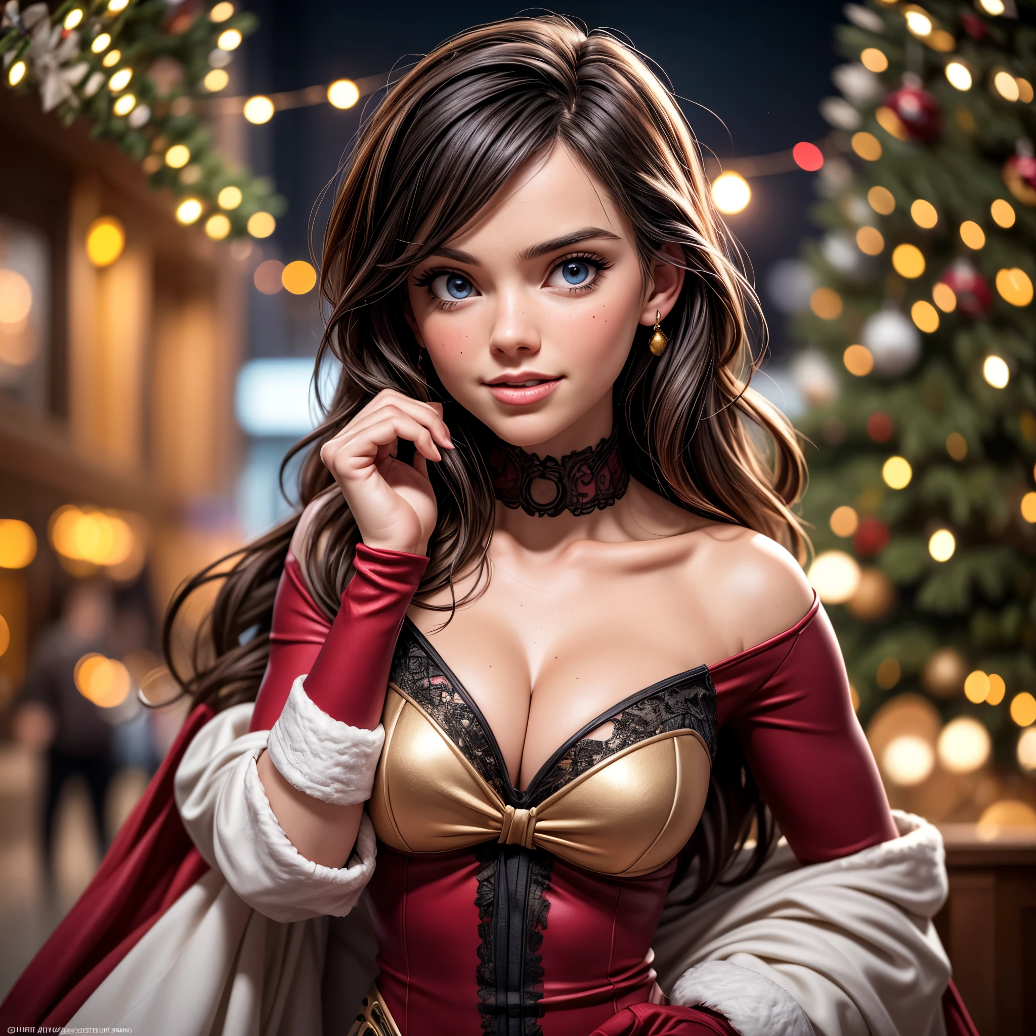 A girl in a skin tight Christmas bodysuit is in a shopping mall. She has beautiful detailed eyes, beautiful detailed lips, and an extremely detailed face. She is handing gifts to children. The medium is a mixture of illustrations and photography. The artwork has the best quality and is of high resolution (4k or 8k). The image is ultra-detailed and realistic (photorealistic) with vivid colors. The scene is well-lit with studio lighting, creating a vibrant and festive atmosphere. The color palette is warm and vibrant, featuring Christmas colors such as red, green, and gold. The background of the shopping mall is filled with holiday decorations, Christmas trees, and twinkling lights. Daisy Ridley, the girl, is posing with a confident and sexy demeanor, captivating the attention of both children and adults. The children are smiling and filled with joy as they receive the gifts from her. The composition of the artwork is well-balanced and visually pleasing, with Daisy Ridley as the central focus.